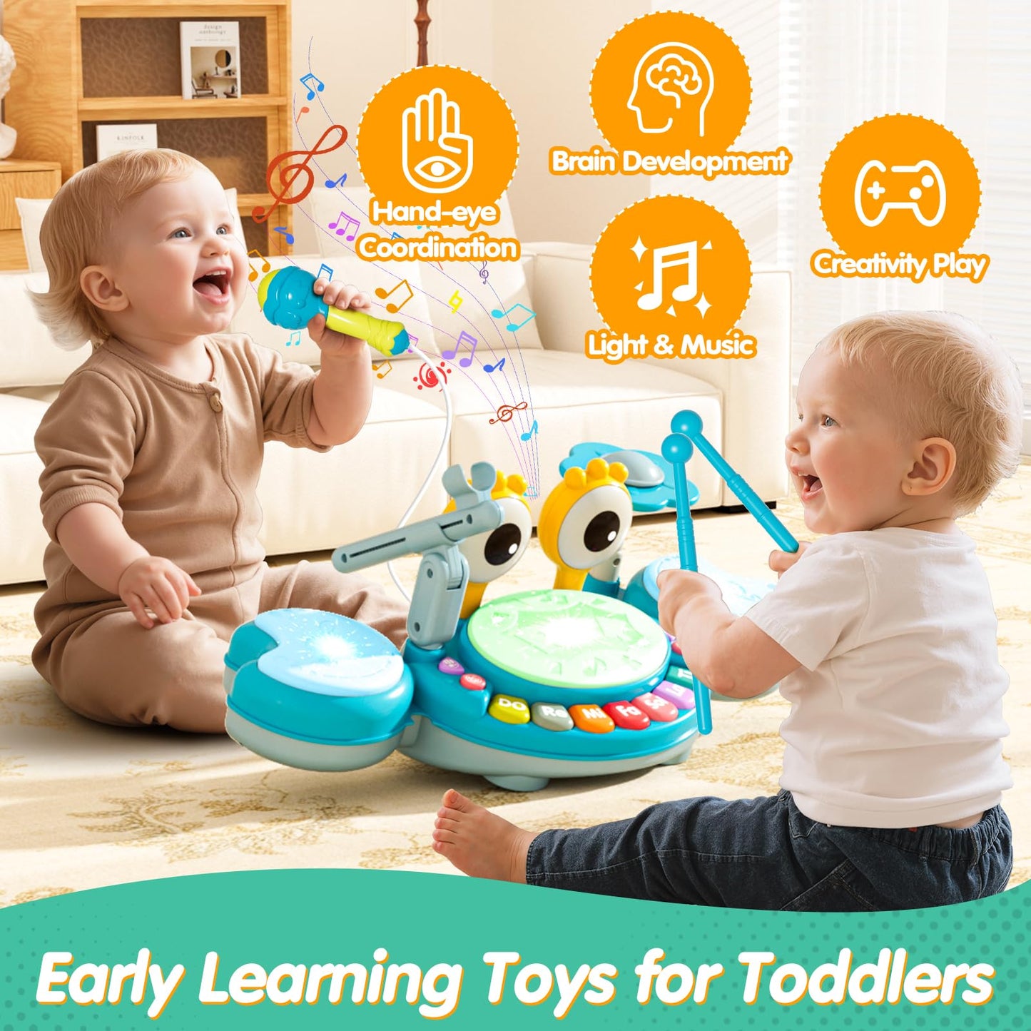 Toddler Drum Set for Kids 1-3, Baby Drum Set 1 Year Old with Light-Up Microphone, Musical Instruments Montessori Learning Toys for 6 9 12 18 Months, Birthday Gift for Boys Girls (BLUE)