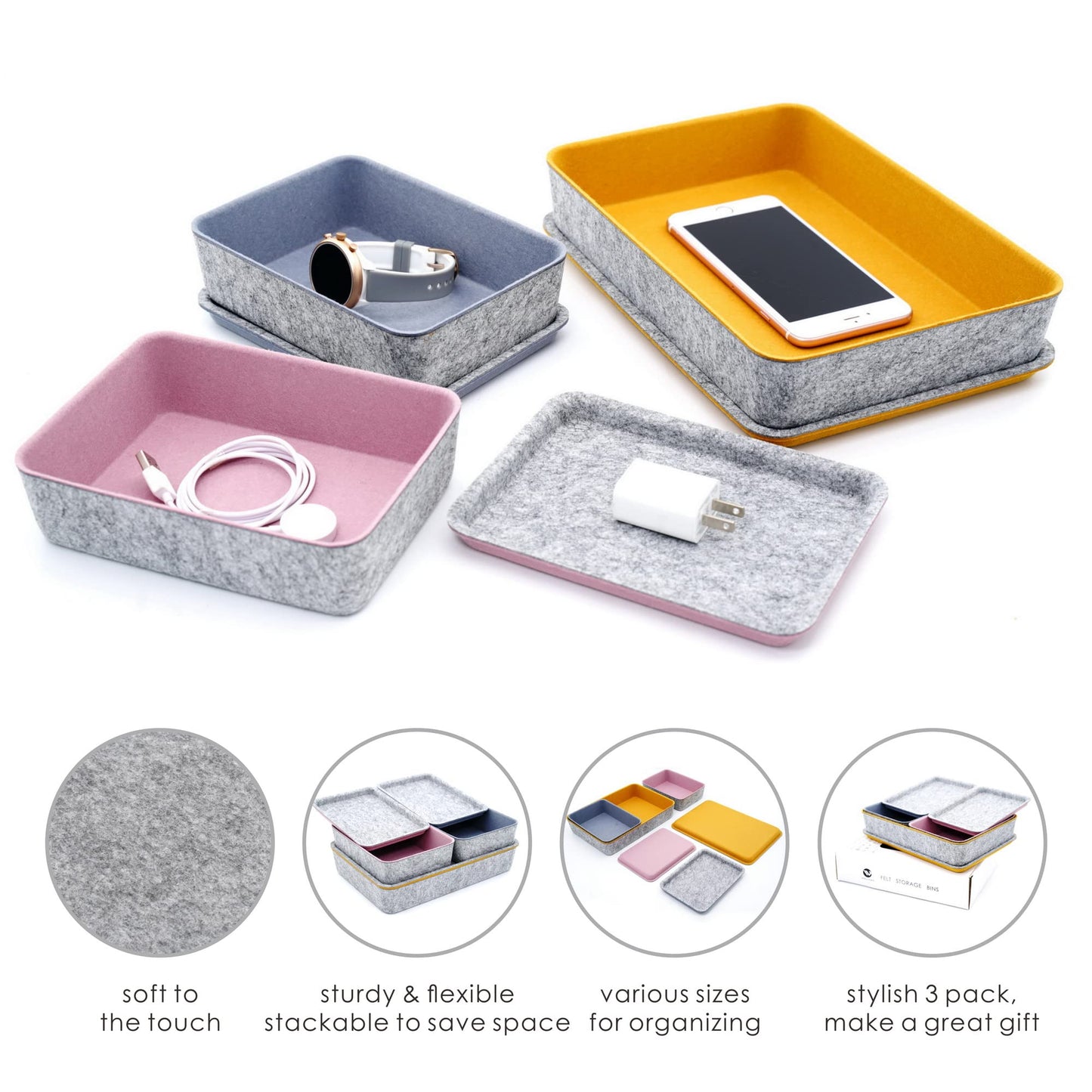 Welaxy Lidded Felt Drawer Organizer Bin with lids Desktop Stackable Organizer Storage box for crafts office supplies pen notes Junk Makeup Stationery Organize 3-Pack ( Curry+Dusty rose +Glacier gray)