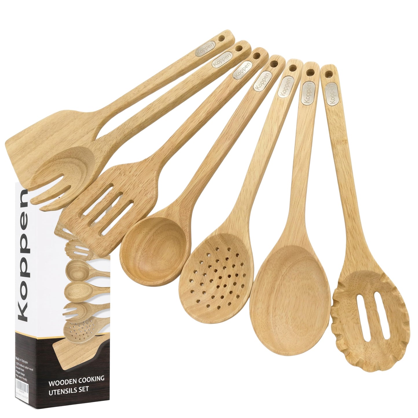 Koppen Rubber Wood Kitchen Utensils Set, Durable Wooden Cooking Spoon and Spatula Ladle for Nonstick Cookware, Non Toxic, Heat Resistant, Smooth Grip, Modern Elegant Design for Everyday (7 Piece Set)