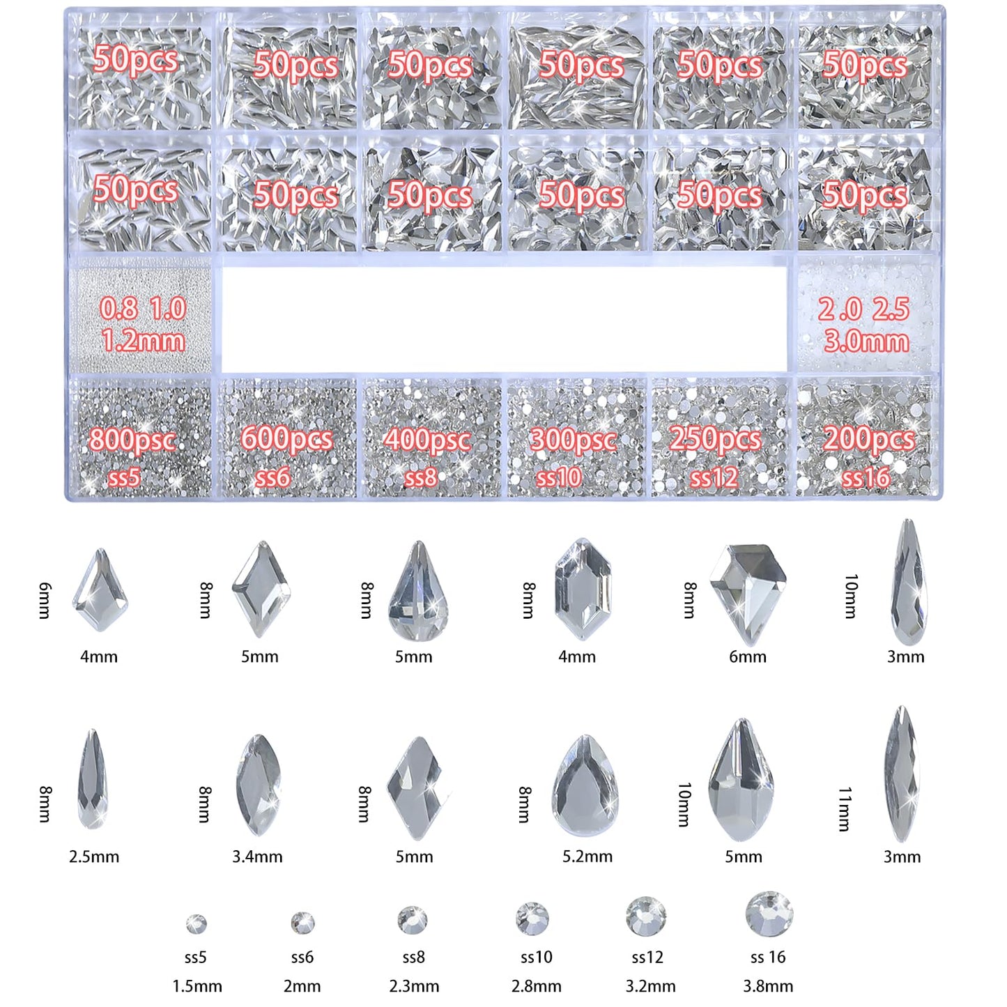 White Nail Rhinestones - 3D Multiple Shape Size Gems, Manicure Beads, Pearls, Flatback Crystals Rhinestones, with Kit, for Nail Art Decor