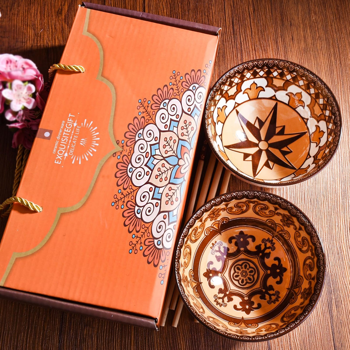 Ceramic Rice Bowl Set with Chopsticks Set of 2, Japanese Style Dining Bowls, Decorative Gift Box Package (2, LM)