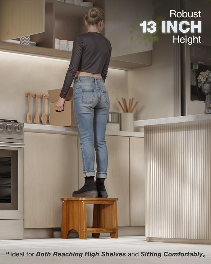 Wooden Step Stool, 13'' Heavy Duty Stepping Stool for Adults with Handle, Nonslip & Durable Design Supports up to 500lbs for Bedroom or Kitchen