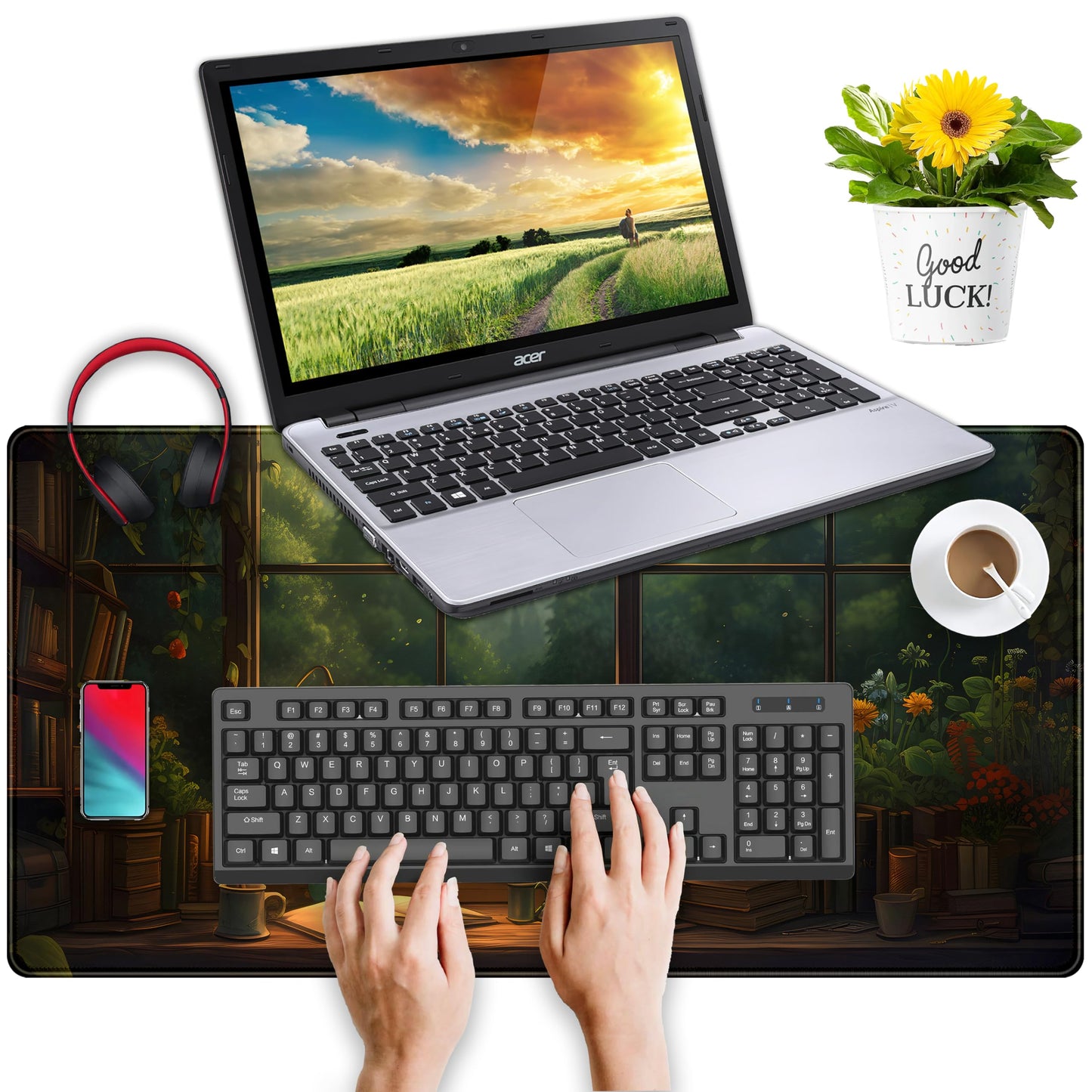 Anime Dark Green Plants Desk Mat Cute XXL Large Extended Mouse Pad Gaming, Lofi Aesthetic Computer Laptop Keyboard and Mouse Mat, Desk Accessories for Women Office Decor Mousepad, 31.5x15.75 in