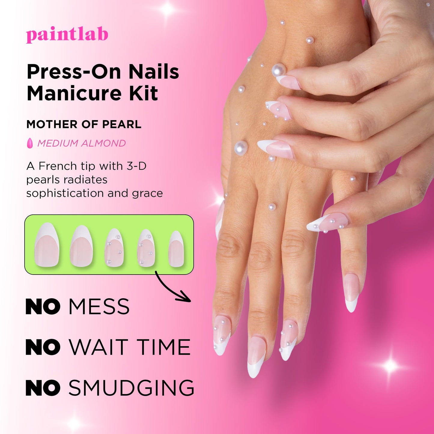 PaintLab Press On Nails - Mother of Pearl 3D Pearl White French Tip Almond Fake Nails, 30 Nails in 15 Sizes with Glue, Reusable Salon Quality Press On Nails