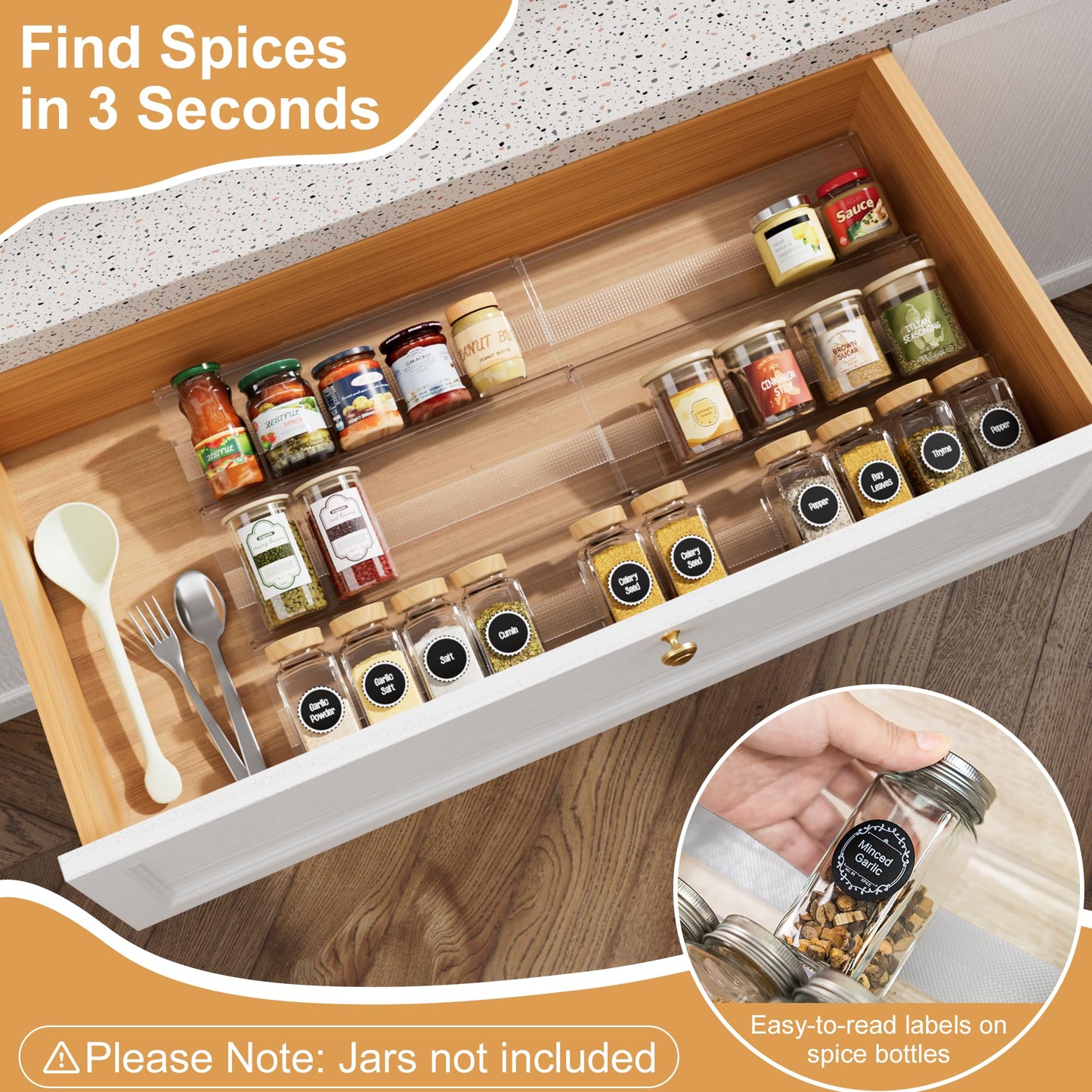 Brippo Expandable Spice Drawer Organizer Insert, 6-Pack Kitchen Adjustable Seasoning Rack Tray (13" to 26"), Clear Acrylic with Anti-Slip Mat, for Cabinet Countertop (Jars Not Included)