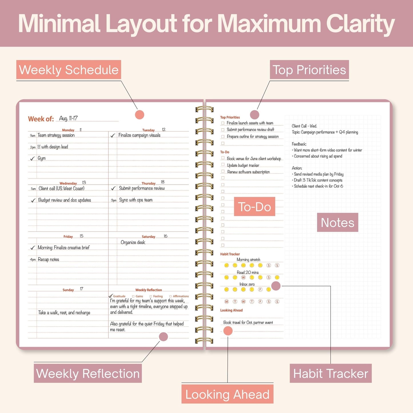 Undated Weekly Planner, 8.5x11” – Dashboard Layout with Yearly Review, Monthly Calendars, & Weekly To Do List, Spiral Bound Organizer for Work, Study & Life (Pink)
