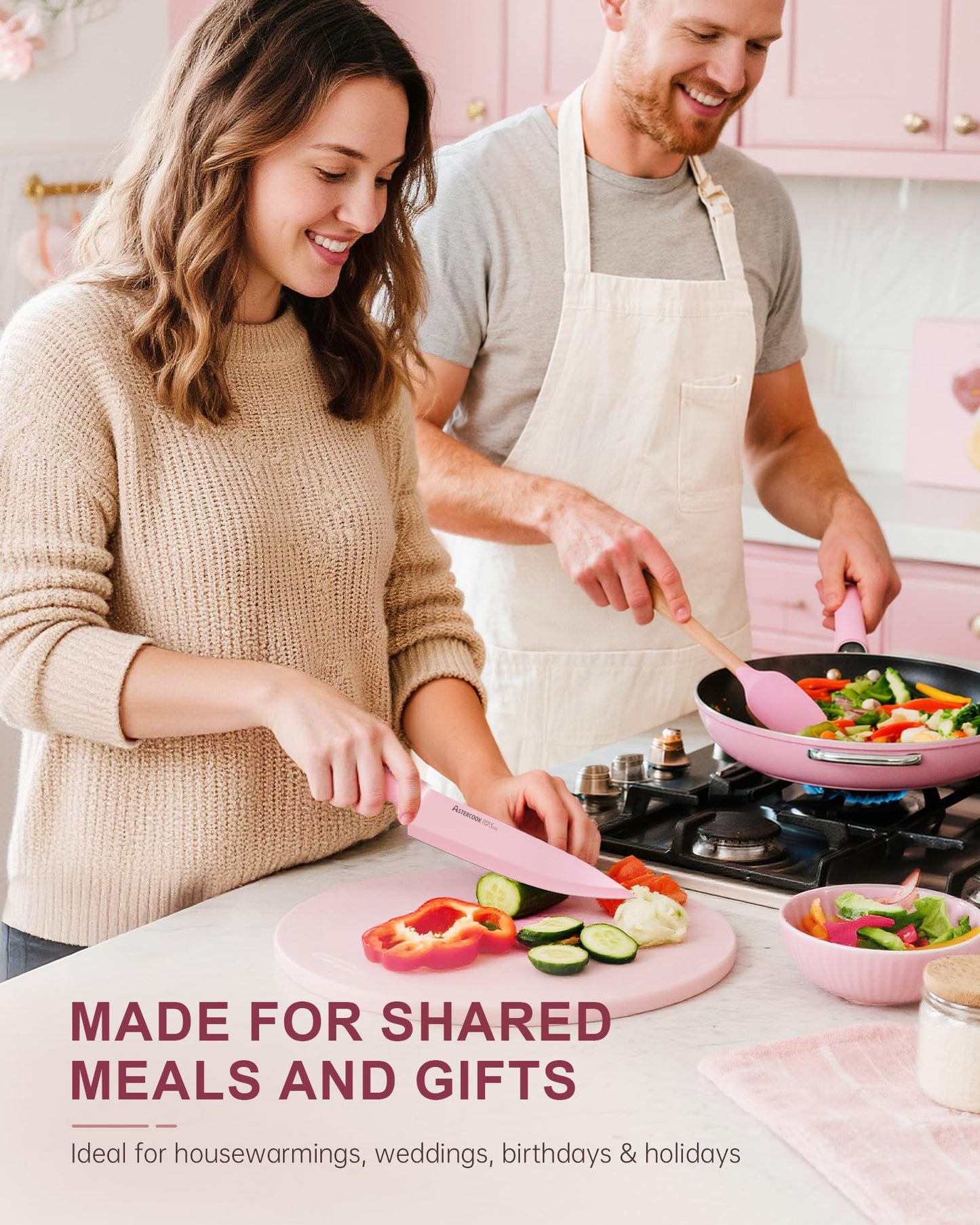 Astercook Knife Set with Block and Sharpener, 22 Piece Kitchen Knife Set Dishwasher Safe, Space-Saving Clear Knife Block with Knives for Everyday Home Cooking Mothers Day Gifts Pink