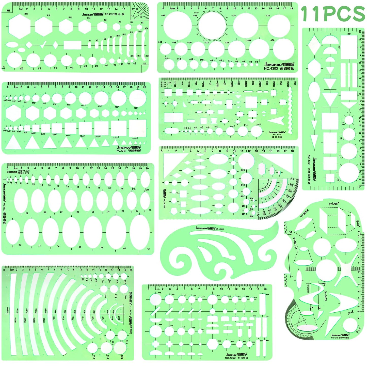 11PCS Geometric Drawings Templates, Drafting Stencils Measuring Tools, Transparent Green Plastic Ruler, for Architecture, Office, Studying, Designing