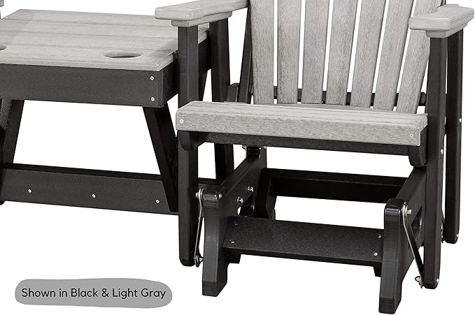 DutchCrafters Slat Fan Back Double Poly Adirondack Glider Outdoor Patio Chairs with Center Table (Black & Light Gray)