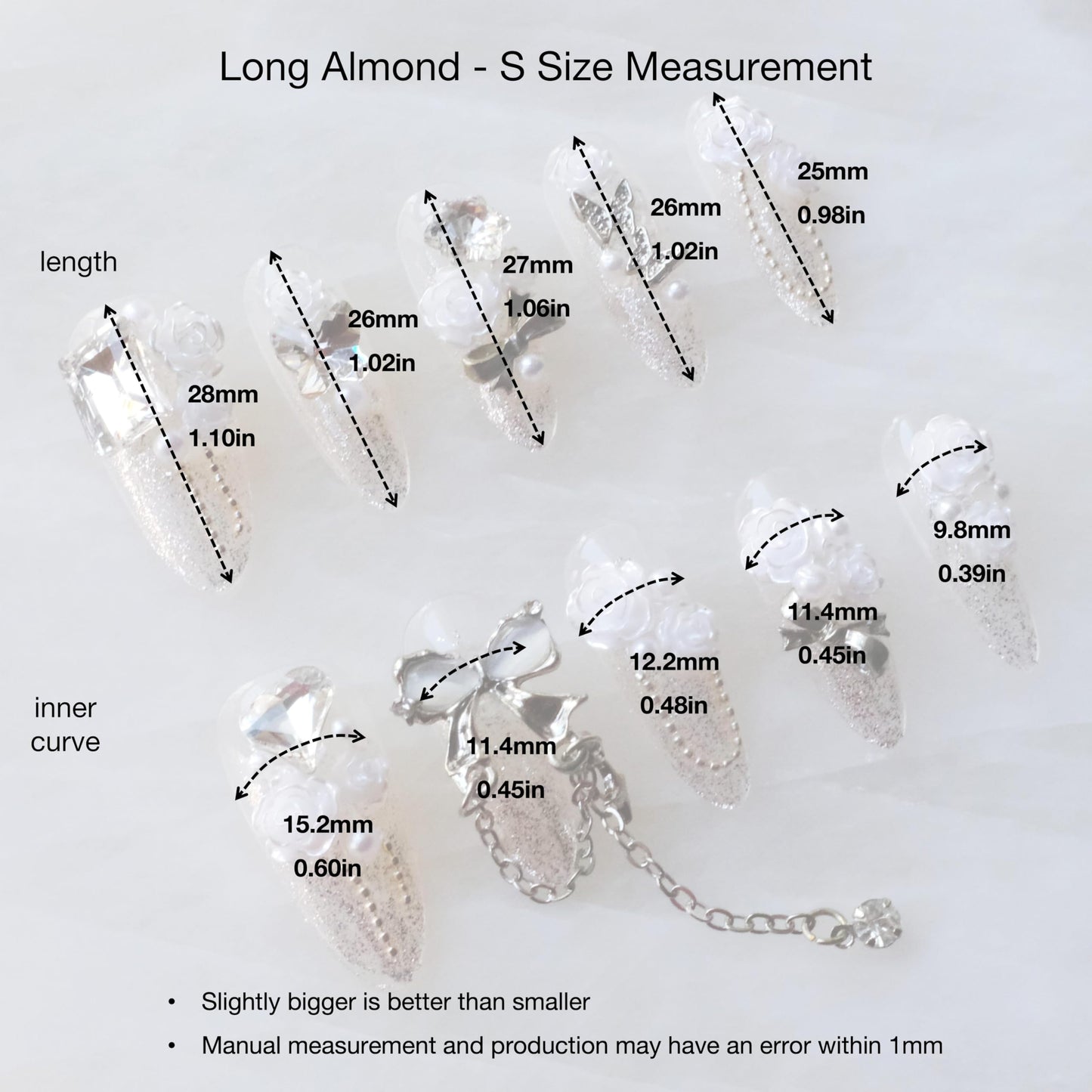 GLORS Luxury Long Almond Press-On Nails, 3D White Roses with Silver Glitter, Pearl and Rhinestone Decorations, Handmade False Nail 10 Pieces (Small, LS)