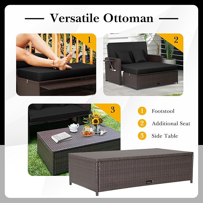 HAPPYGRILL Patio Rattan Wicker Daybed with Loveseat & Storage Ottoman, Outdoor Lounge Sofa Furniture Set with Adjustable Backrest & Side Trays, for Poolside Deck Porch Lawn (Mix Brown & Black)
