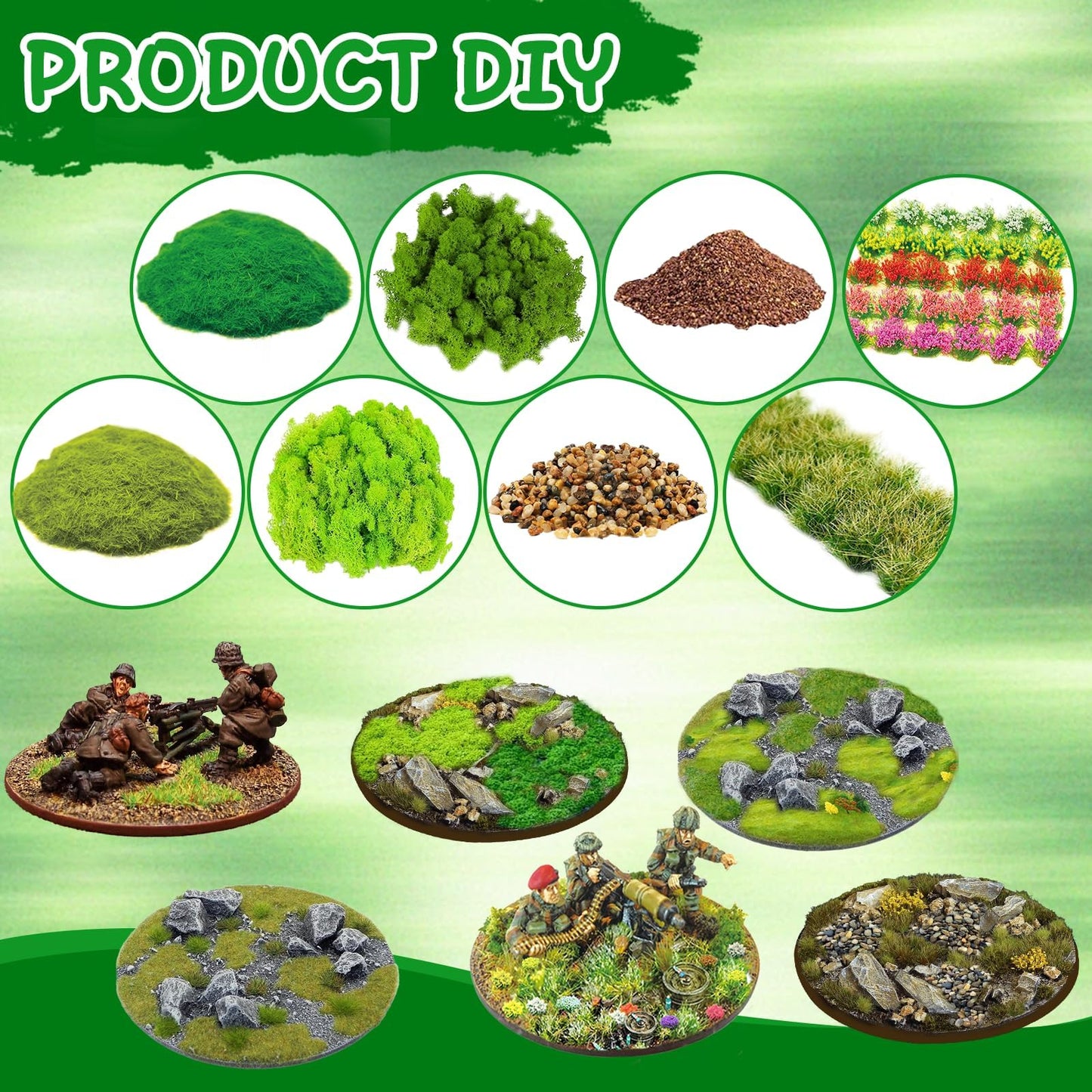 Warmtree Miniature Basing Material, Battlefields Basing Set, Static Grass Bushy Tufts Miniature Flowers Basing Glue for Train Railroad Scenery Military Layout Model and Diorama Supplies