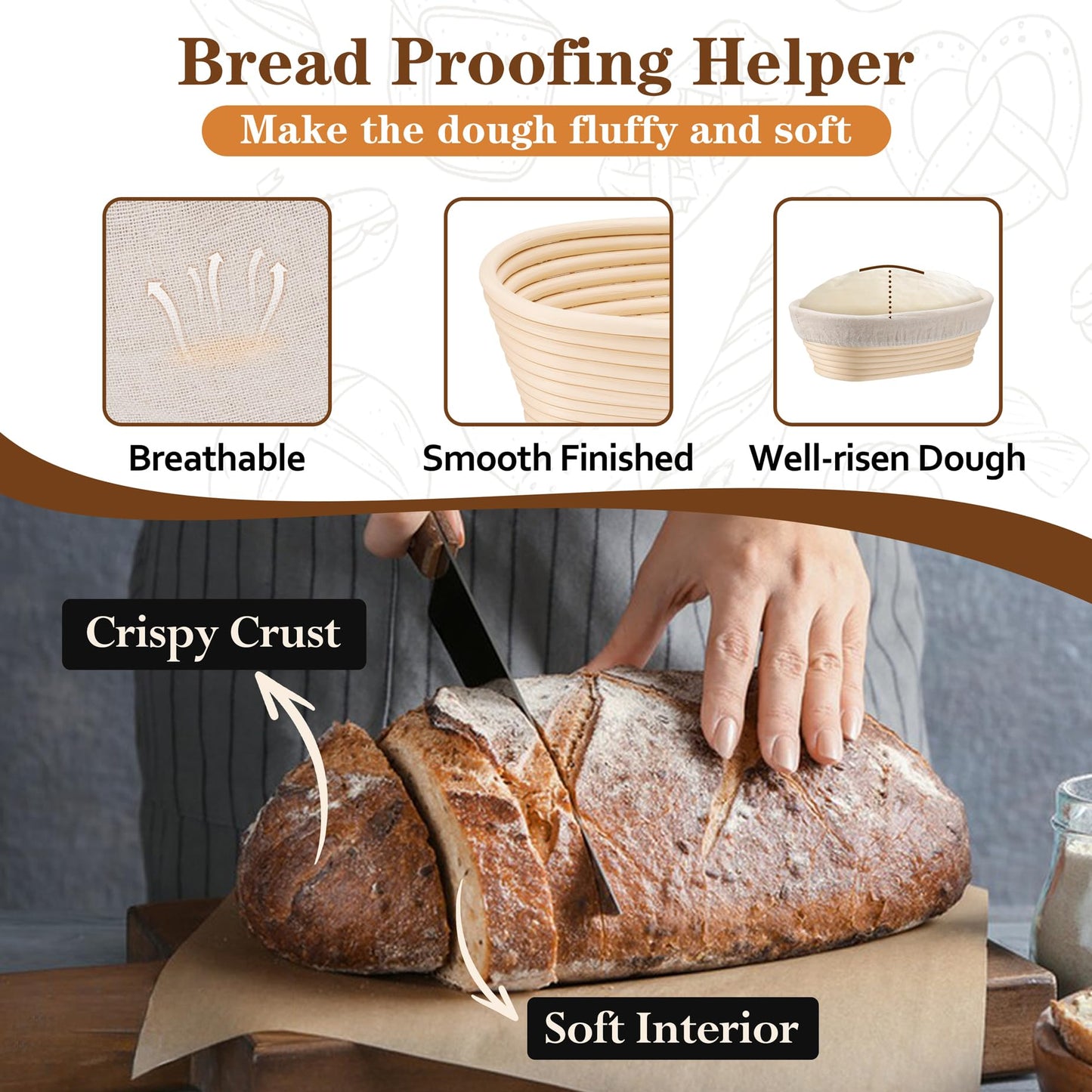 P&P CHEF Sourdough Bread Proofing Basket Set of 2, 10 Inch Oval Dough Proofing Bowls, Sourdough Bread Baking Supplies for Bakers, Handmade Rattan Baskets with Cloth Liner