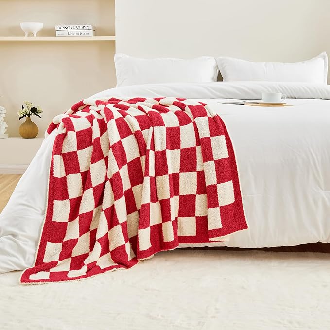 CozeCube Checkered Blanket, Ultra Soft Cozy Christmas Red and White Throw Blanket, Warm Cozy Knit Fuzzy Plush Checkerboard Throw for Couch Bed Sofa, 60"x80"