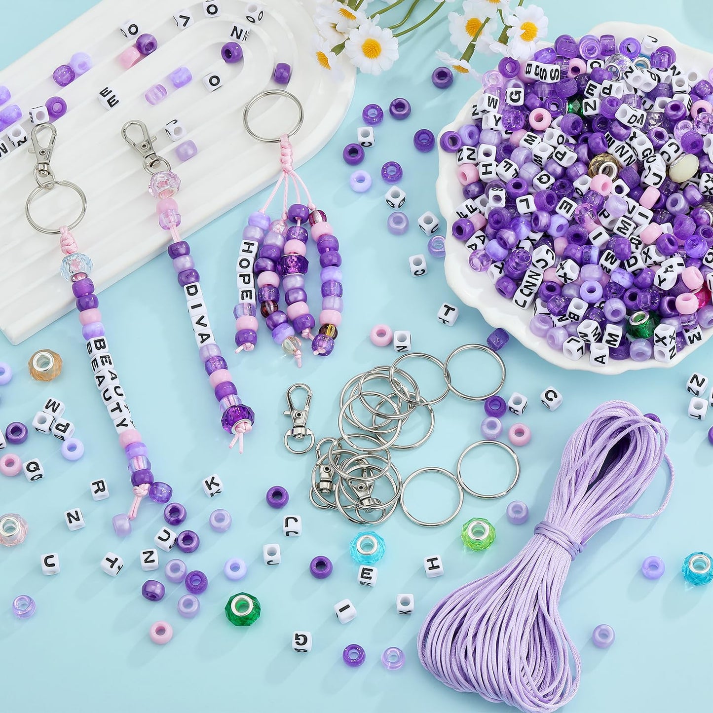 BEEFLYING 750 Pcs DIY Bead Keychain Kit Key Chain Making Crafts Letter Beads Strings Adjustable Alphabet Key Ring Jewelry Backpack Accessories Holiday Party Festival Favor Gift (Purple)