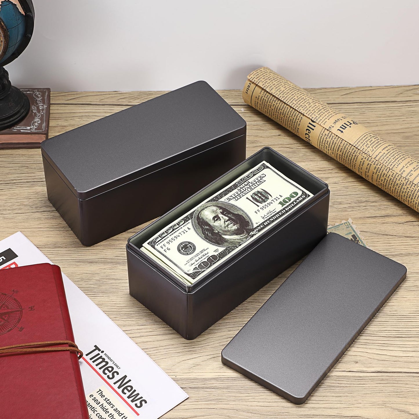 Hipiwe 2 Packs Black Metal Cash Box Rectangular Money Organizer with Lid Currency Storage Box Empty Box Container for Coin Bill Dollar Stamp Jewelry