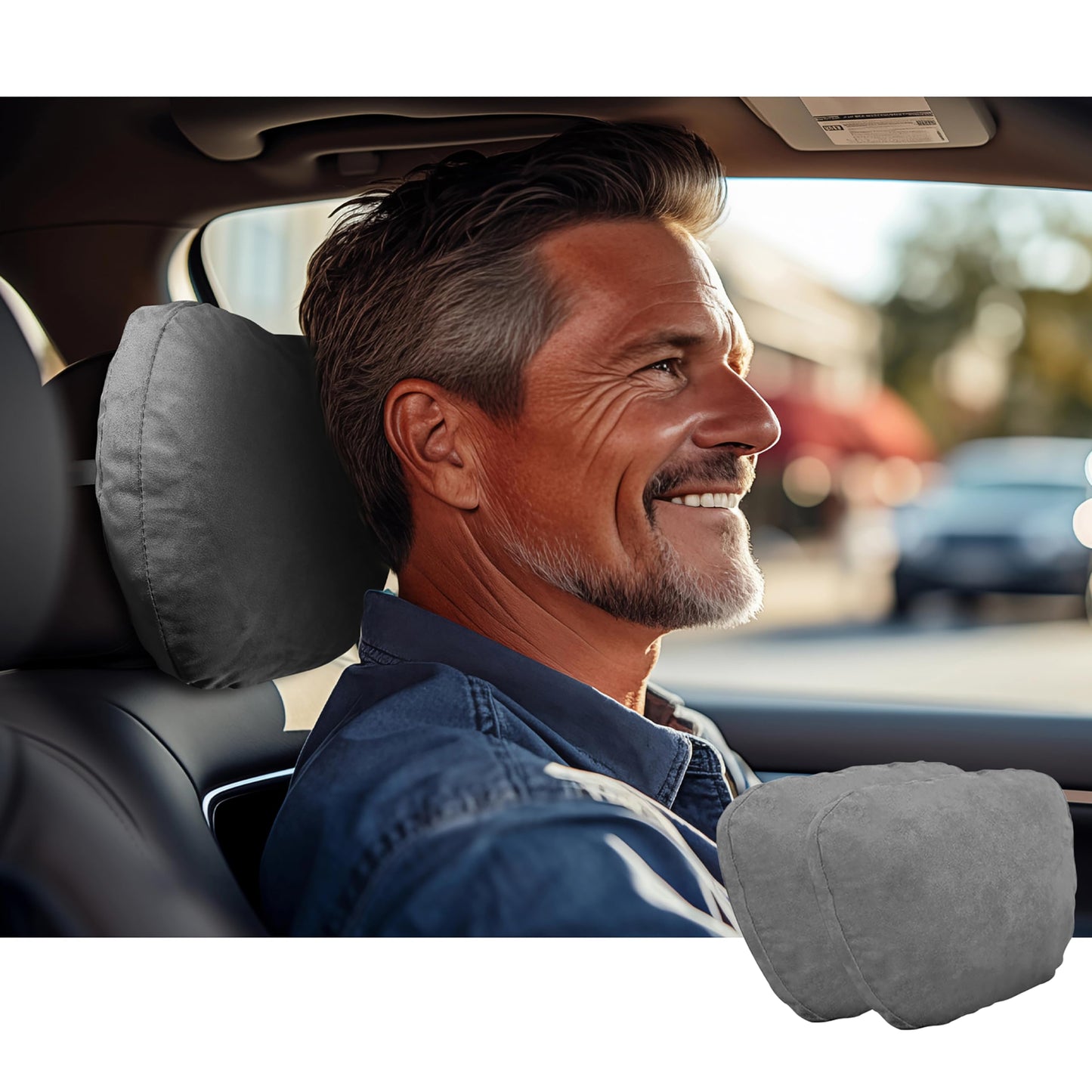 POKSRI 2pcs Car Neck Pillow for headrests,Support Drive Seats Head Cushion Pillows,Superfiber Suede,Plant-Based Polyester,Thickness & Height Adjustable,11.8x7.5,Inner Liner fillable(Grey)