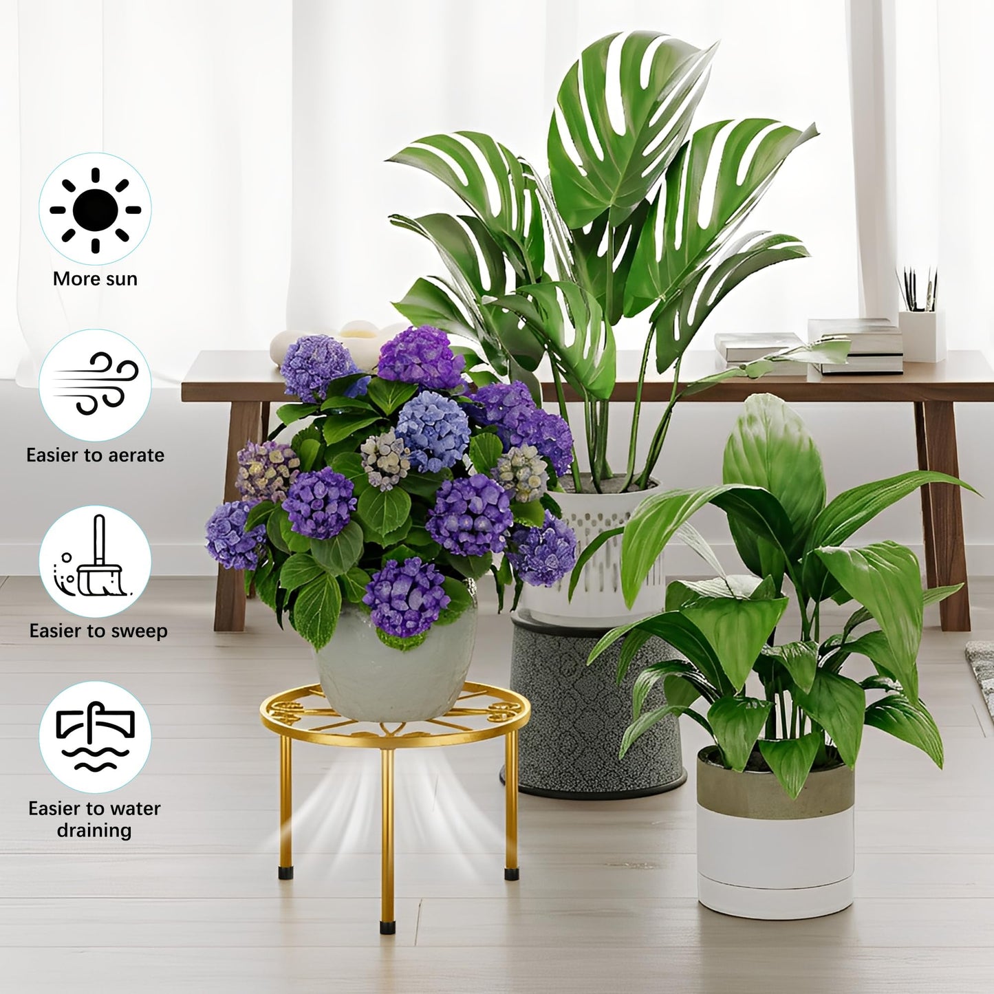 NQW 5 Pack Metal Potted Plant Stands,Flower Pot Stand Holder,Heavy Duty Plant Shelf for Multiple Plant,Rustproof Planter Container Round Supports Display Rack for Home(GoldCircle)