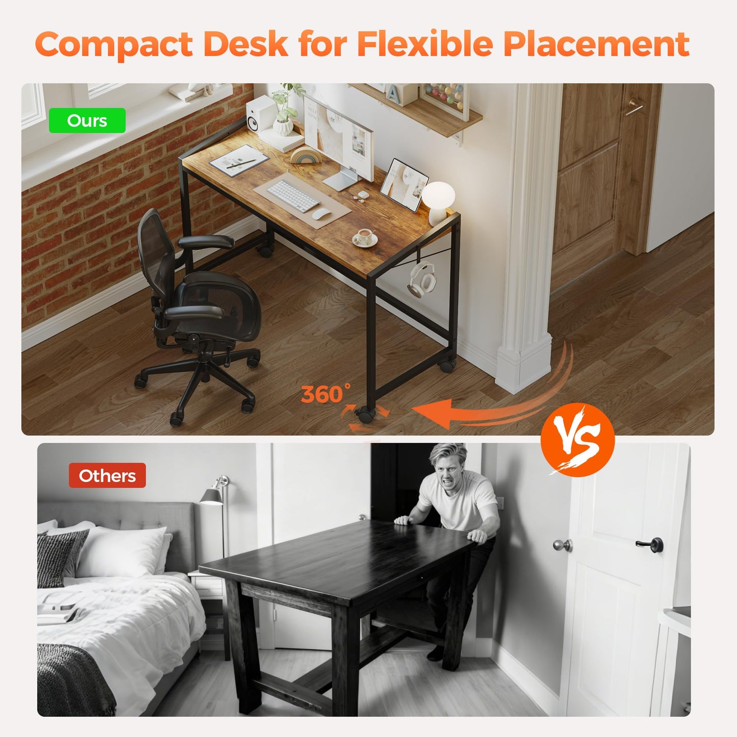 Mericonia 48 inch Rolling Computer Desk with Wheels, Gaming Desk for Small Spaces, Modern Simple Style Table for Home Office, Study Writing Table