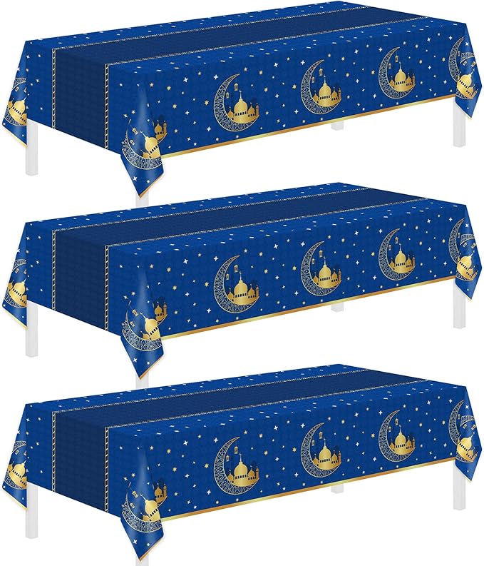 Childom 3 Pack Ramadan Table Cloth,Ramadan Decorations for Home,54" x 108" Eid Mubarak Decorations,Eid Ramadan Tablecloths Rectangular,Blue Plastic Table Cloth Disposable Table Cover for Party Favors