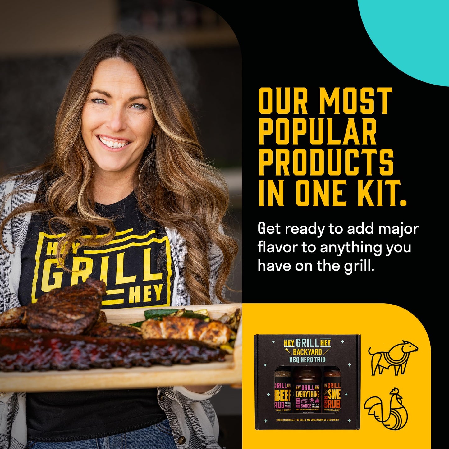 Hey Grill Hey | BBQ Seasoning and Barbeque Sauce Gift Set | Seasoning Set | Beef Rub, Sweet Rub, Everything Barbecue Sauce | Backyard BBQ Hero Trio