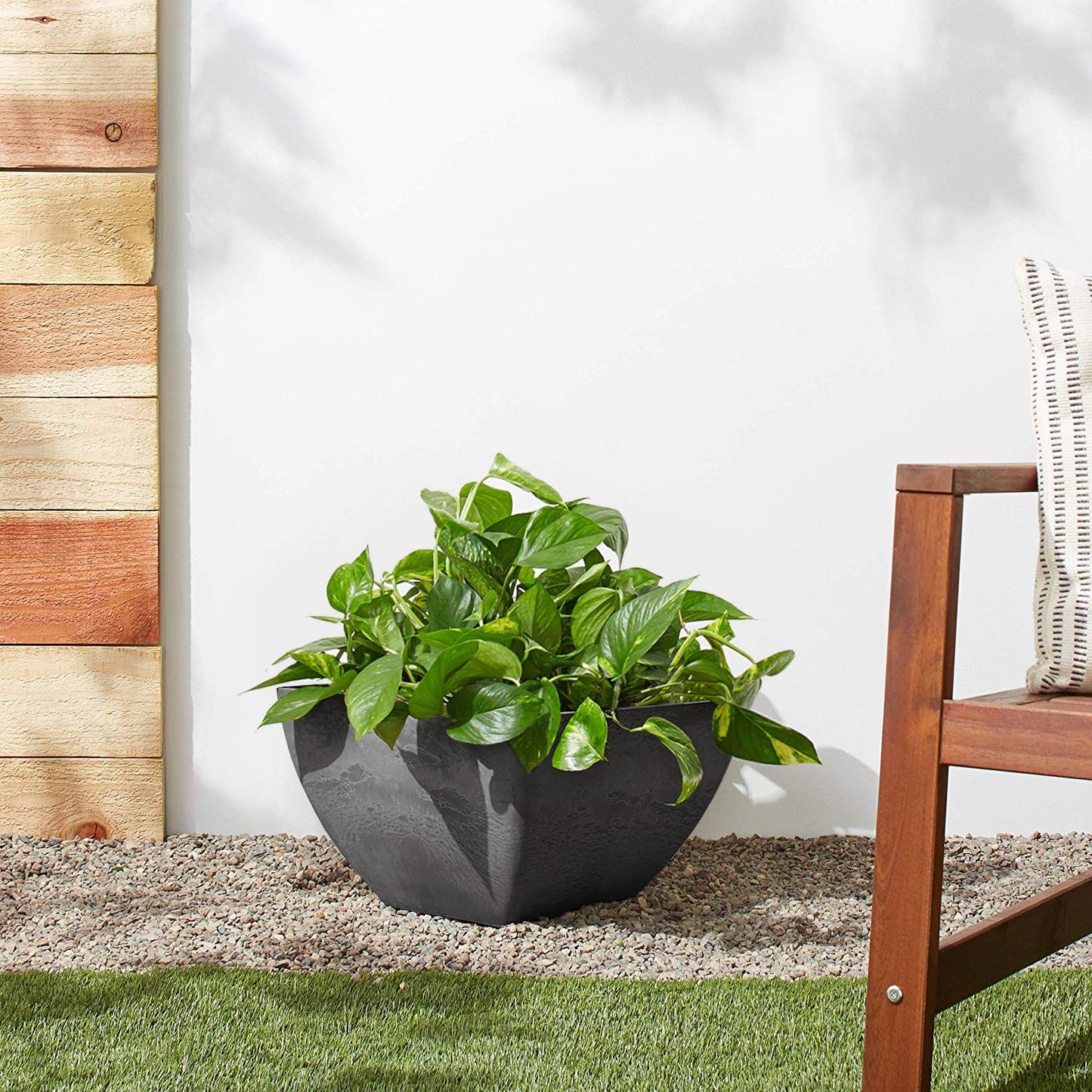 PSW Pot Collection 12x6 inch Plastic/Stone/Wood Composite Square Planter – No Drainage Hole (Drillable), Modern Indoor/Outer Pot for Flowers, Foliage, Succulents, Fairy Gardens, Dark Charcoal