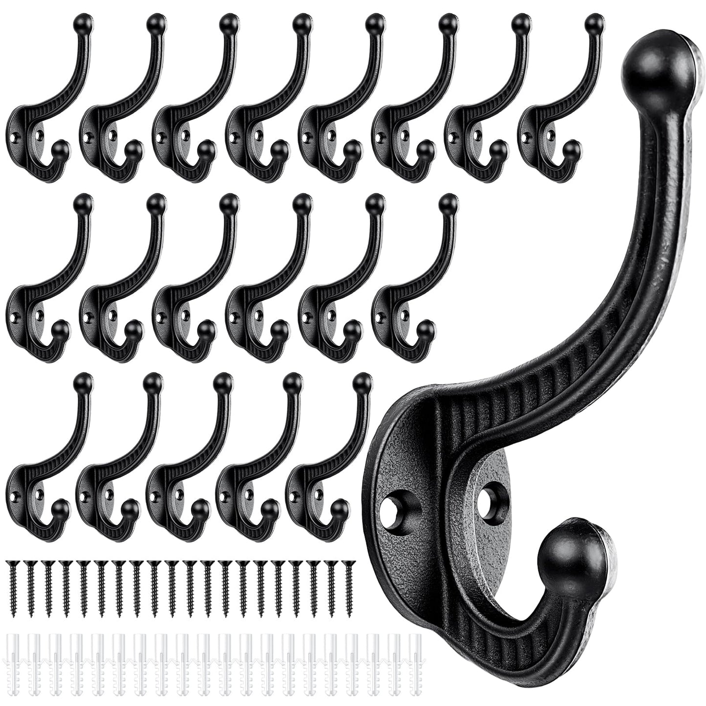 Frienda 20 Pack Rustic Cast Iron Coat Hooks Wall Mounted, Heavy Duty Double Robe Hooks with Screws and Anchors, Farmhouse Vintage Wall Hook for Coats, Hats, Towels, Bags, Keys, Entryway, Bathroom