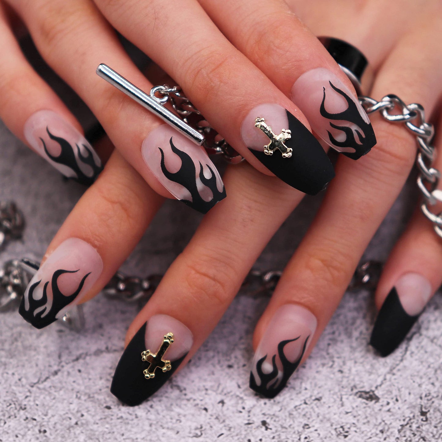 MISUD Press on Nails - Medium Coffin Glue on Nails with Goth Black, Acrylic Gothic Cross Design 24 pcs