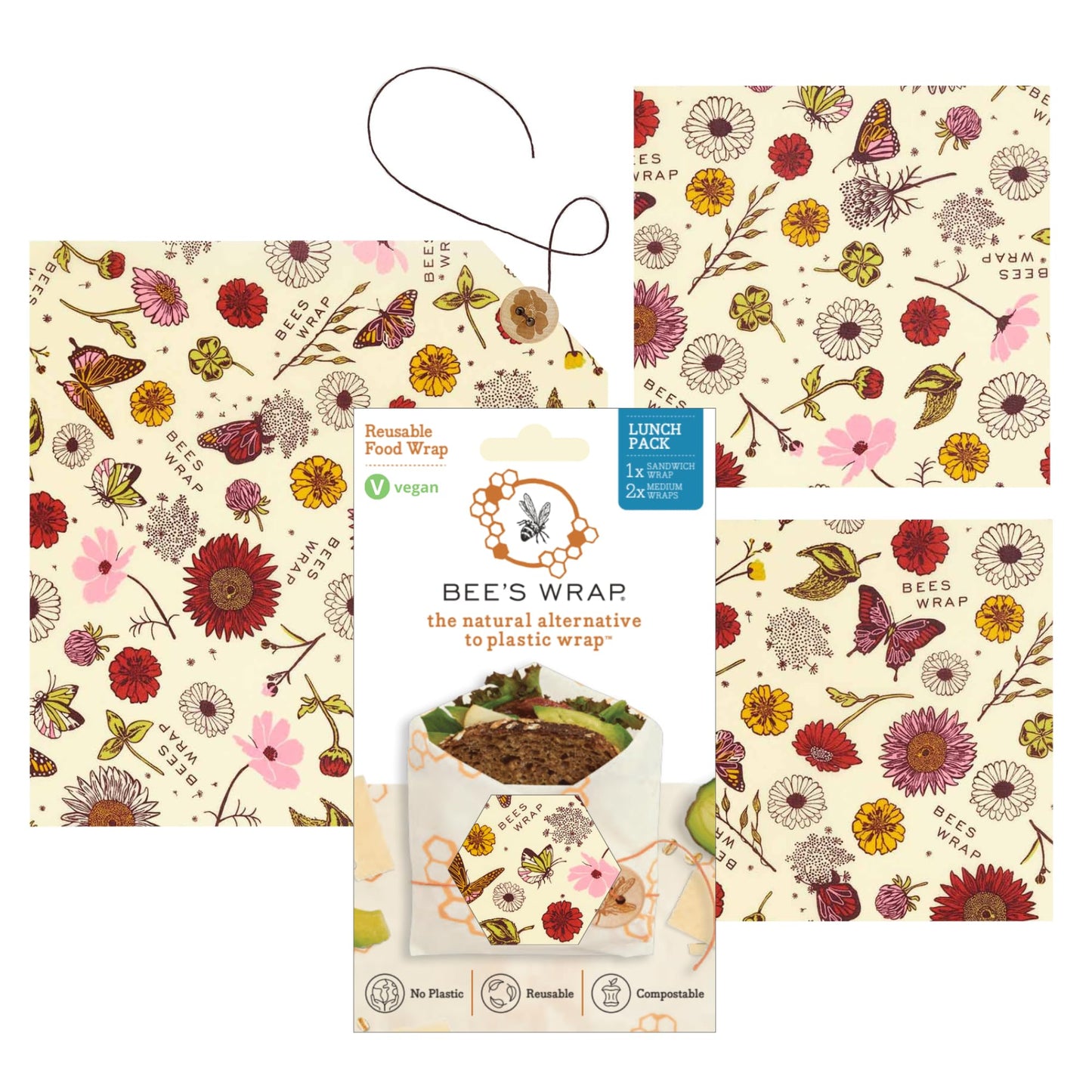 Bee's Wrap Vegan Beeswax Wraps for Food - 3 Pack of Assorted Beeswax Wraps - 2 Medium & Sandwich Wrap - Plastic Free Made in USA Reusable Natural Food Wrap - Meadow Magic