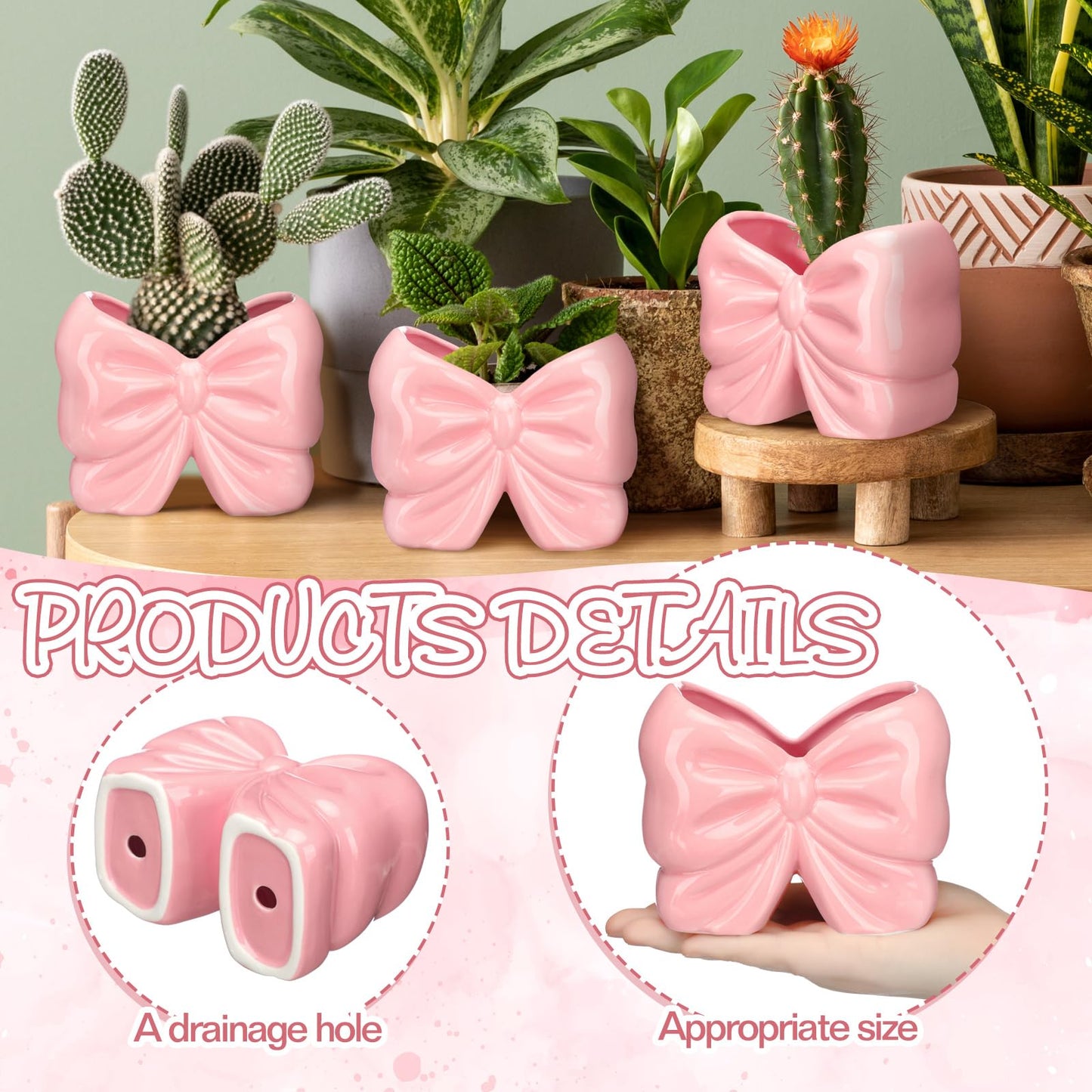 2 Pcs Coquette Bow Succulent Pots with Drainage Pink Bowtie Ceramic Planter Pots Plants Holder Bowtie Shaped Cactus Flower Container for Home and Office Desk Display Coquette Party Decoration
