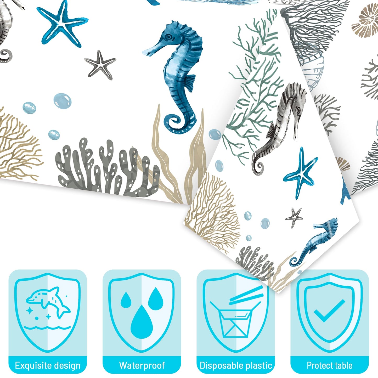 G1ngtar Ocean Seashell Party Decoration Set - Serves 24- 112Pcs Nautical Coastal Beach Summer Themed Tableware Disposable Plate Napkin Tablecloth Banner Card for Birthday Party Supplies