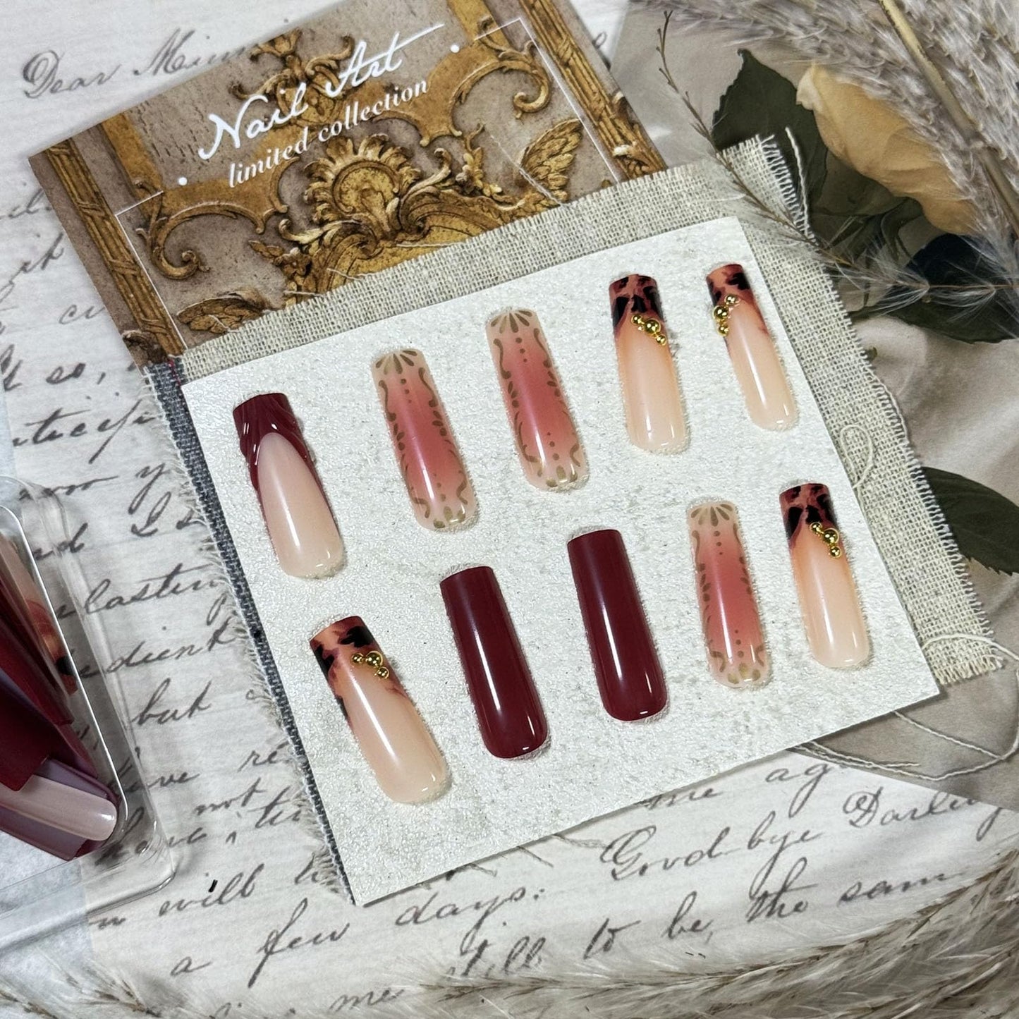 IMSOHOT Fall Press on Nails Long Square Fake Nails Brown Ombre French Nail Tips Chrome Golden Full Cover Acrylic Glue on False Nails for Women