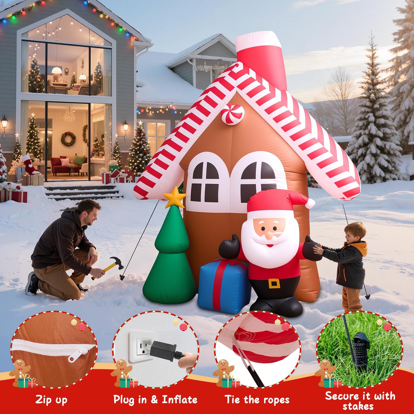 7 FT Christmas Inflatable Candy House with Santa Claus, Tree & Gift Box, Built-in LED Lights, Outdoor Blow Up Yard Decoration for Holiday Lawn Garden Party