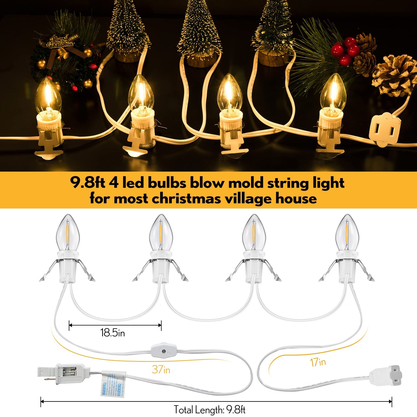 Meonum 2 Pack Accessory Cord with 4 LED Bulbs, End to End Connected Blow Mold Light Cord, 9.8 Feet Lamp Kit with On/Off Switch Plugs for Ceramic, Craft Halloween Christmas Village Decor