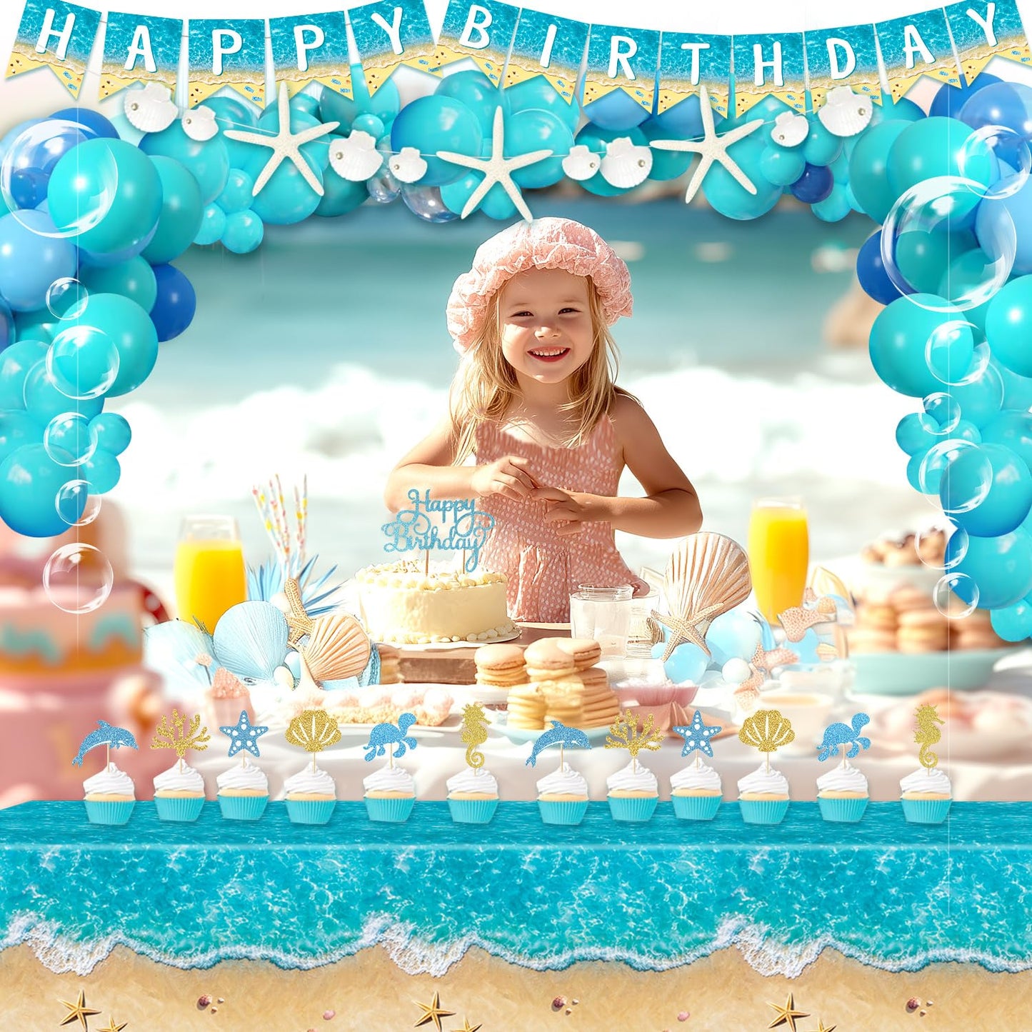 Beach Birthday Party Decorations, Ocean Waves Birthday Supplies - Under the Sea Balloons, Ocean Backdrop, Beach Tablecloth, Bubble Garland, Seashell Banner, Sea Creatures Cake Toppers