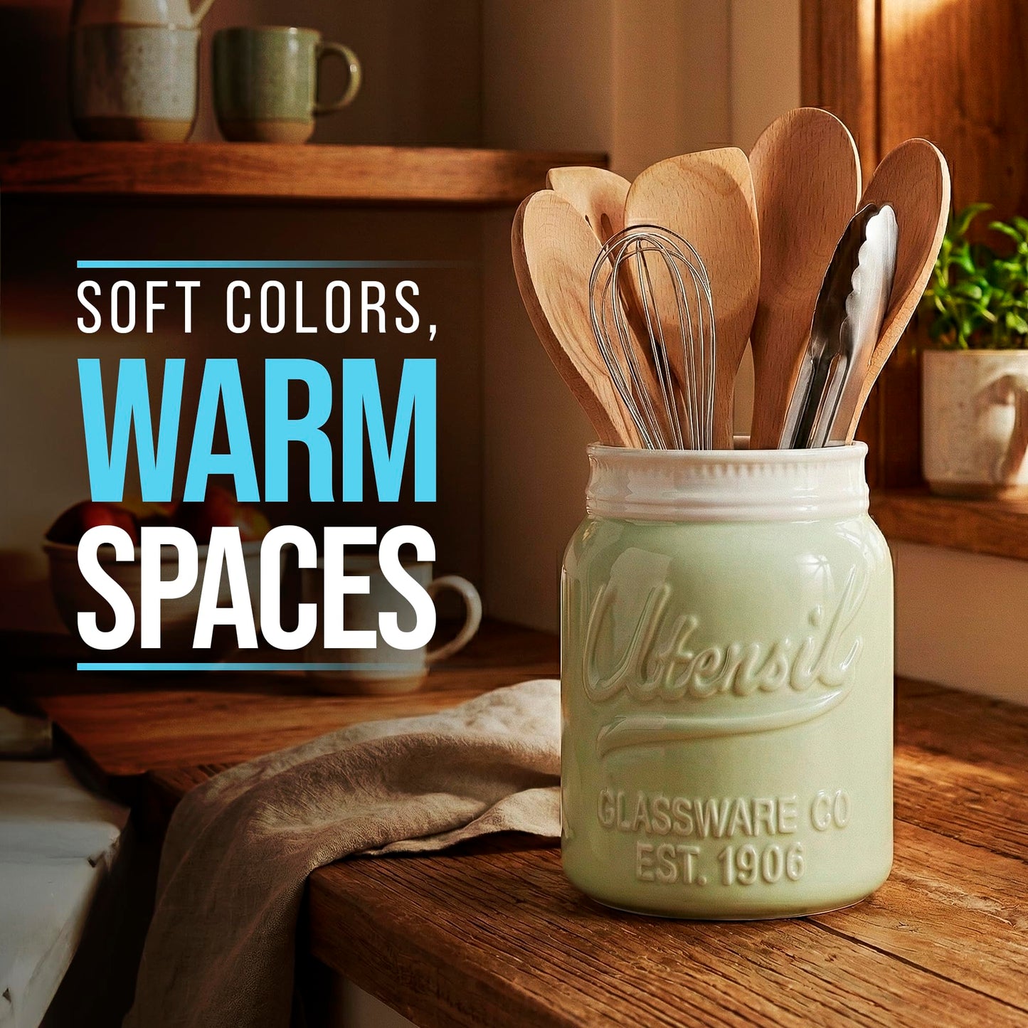 Comfify Wide Mouth Mason Jar Utensil Holder Decorative Kitchenware Organizer Crock, Dishwasher Safe - Kitchen Caddy Green, Large Size 7" Hight