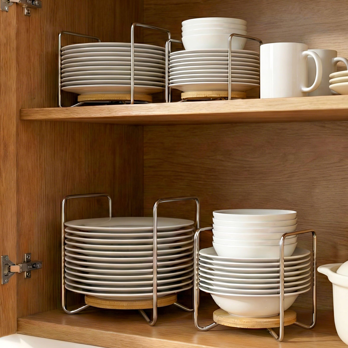 Adjustable Dish Rack for Kitchen Counter - Bamboo Plate Holder Organizer for Cabinet Wooden Bowl Organizer Stainless Steel Plate Stand Storage for Kitchen Drawer Countertop Cupboard Shelf RV
