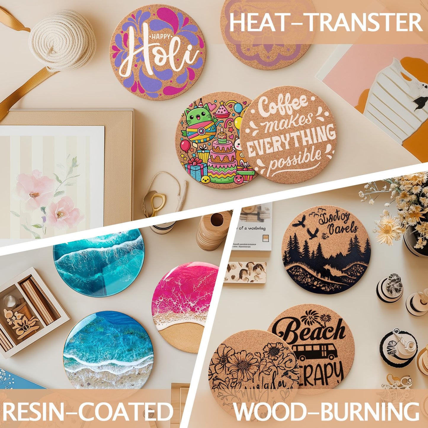 100 PCS Cork Coasters for Laser Engraving, GOH DODD Thicken Absorbent Mats Blank Coasters Bulk Tabletop Protection Plant Saucers for Drinks Wood Burning Arts Crafts DIY Resin Gifts, 4 Inch, Round