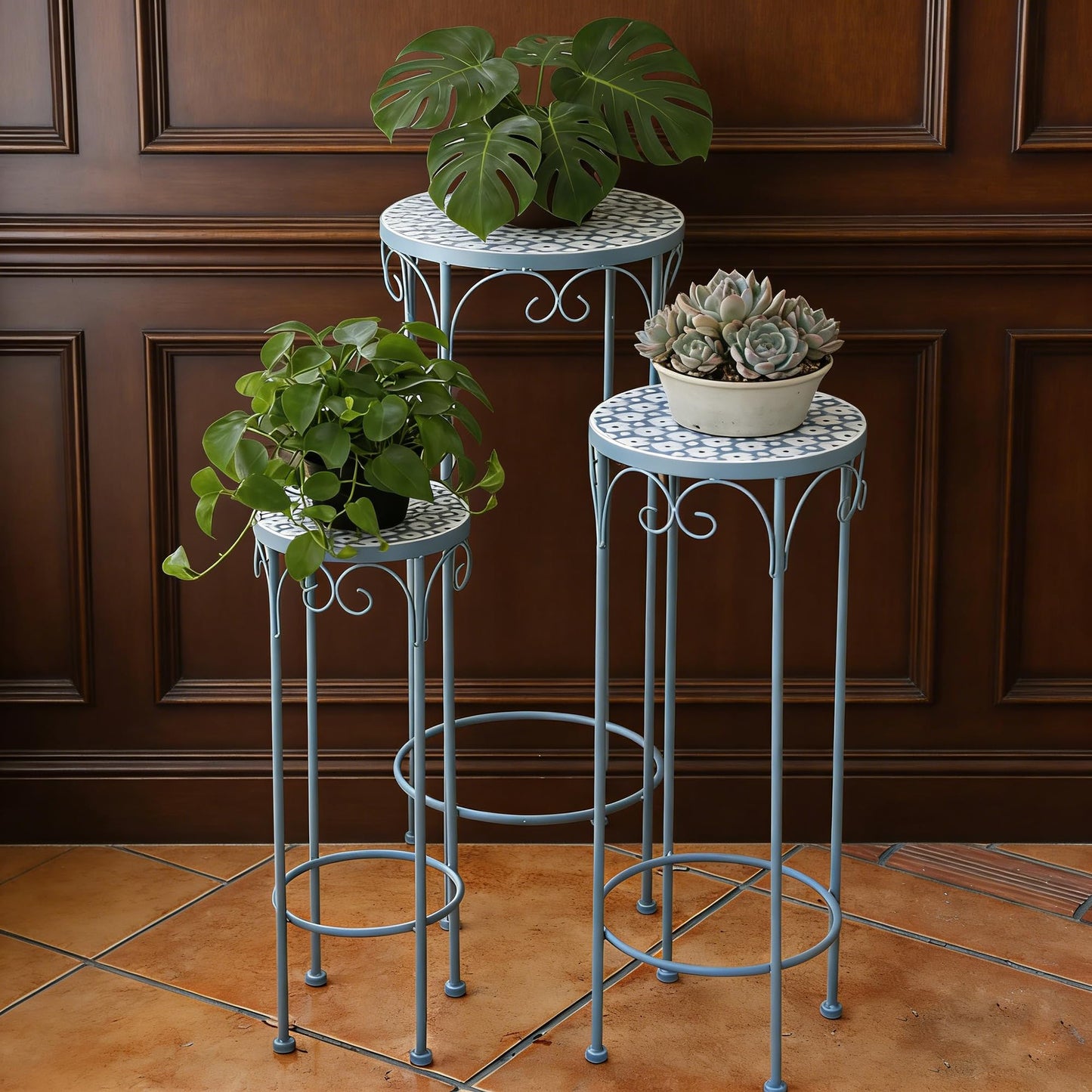 Metal Plant Stand Set of 3 Round Ceramic Top 28" Tall Mosaic Flower Stand Tile Nesting Display Side Table Indoor Outdoor Plant Rack Flower Holder for Wedding Party Patio Living Room Frame Stackable Garden Accessory Decorative Blue