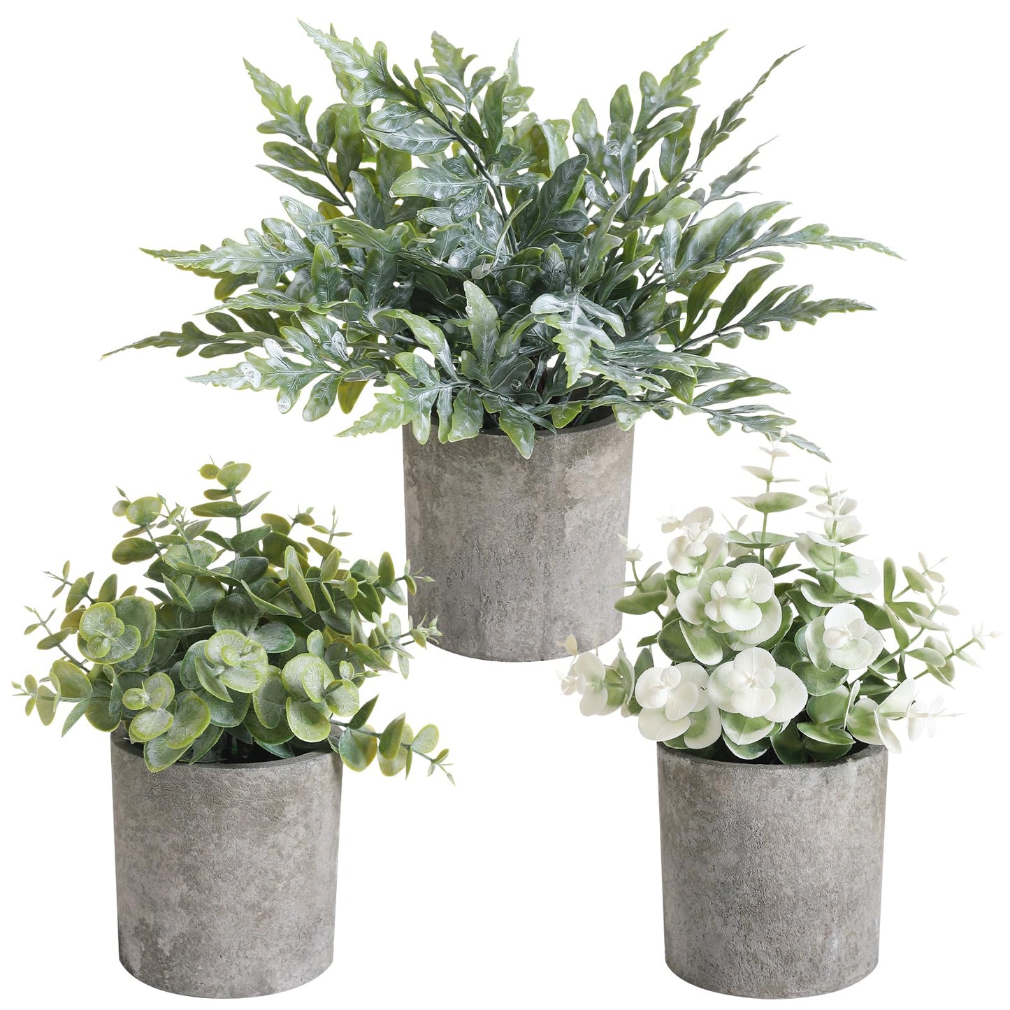 RUIDKUN 3 Pack Mini Potted Fake Plants Artificial Plastic Indoor Eucalyptus Plants for Home, Office, Desk, Bathroom, Coffee Table & Shelf (Green)