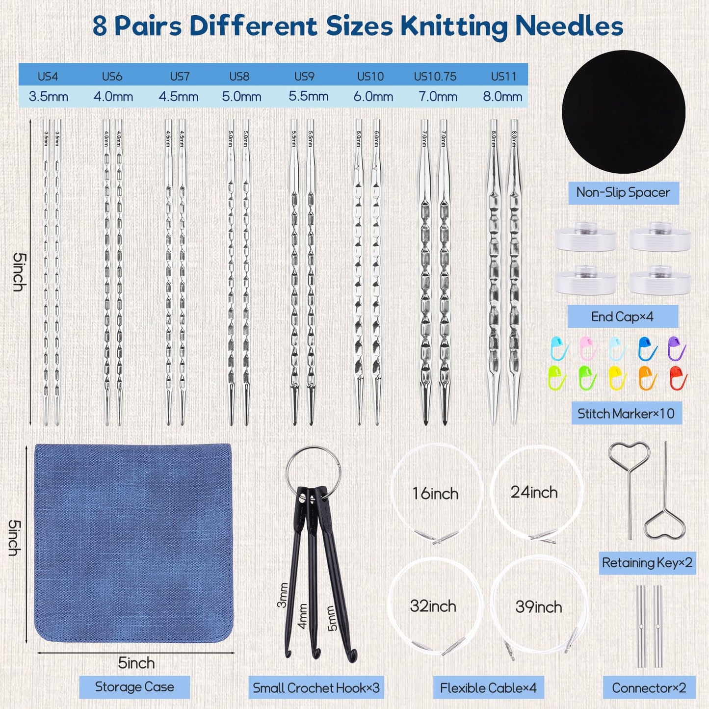 BsHooker Interchangeable Knitting Needles Set with Case,8 Pairs Square Aluminum Circular Knitting Needles with 4 Cable,Ergonomic Needles Kit 3.5mm-8mm
