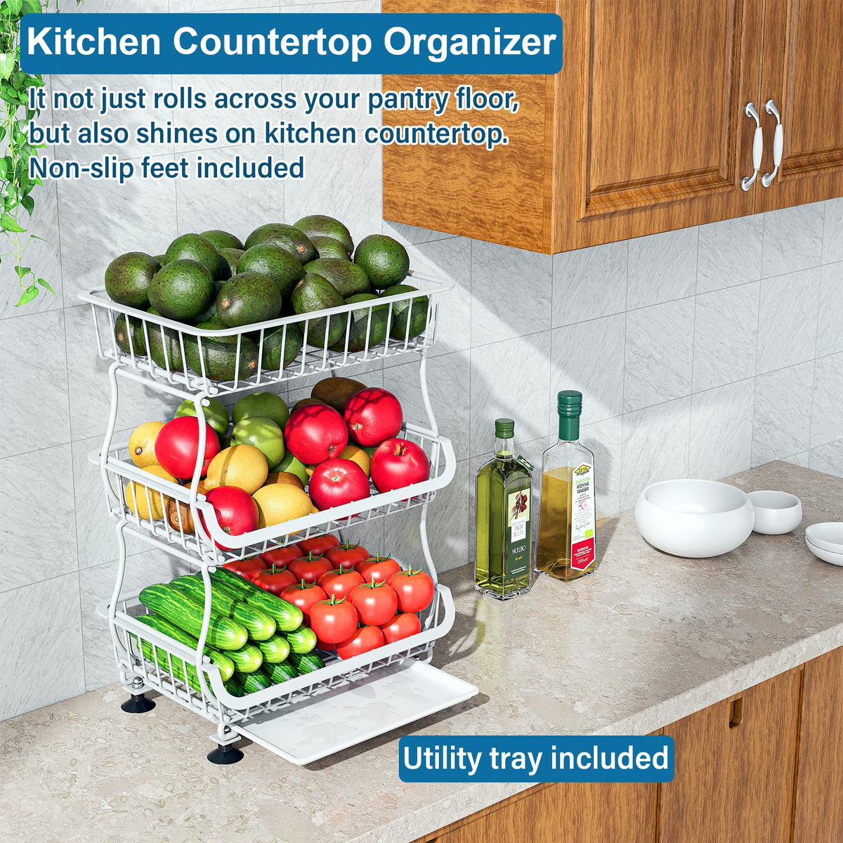 3 Tier Rolling Pantry Floor Organizers and Storage Cart with Wheels