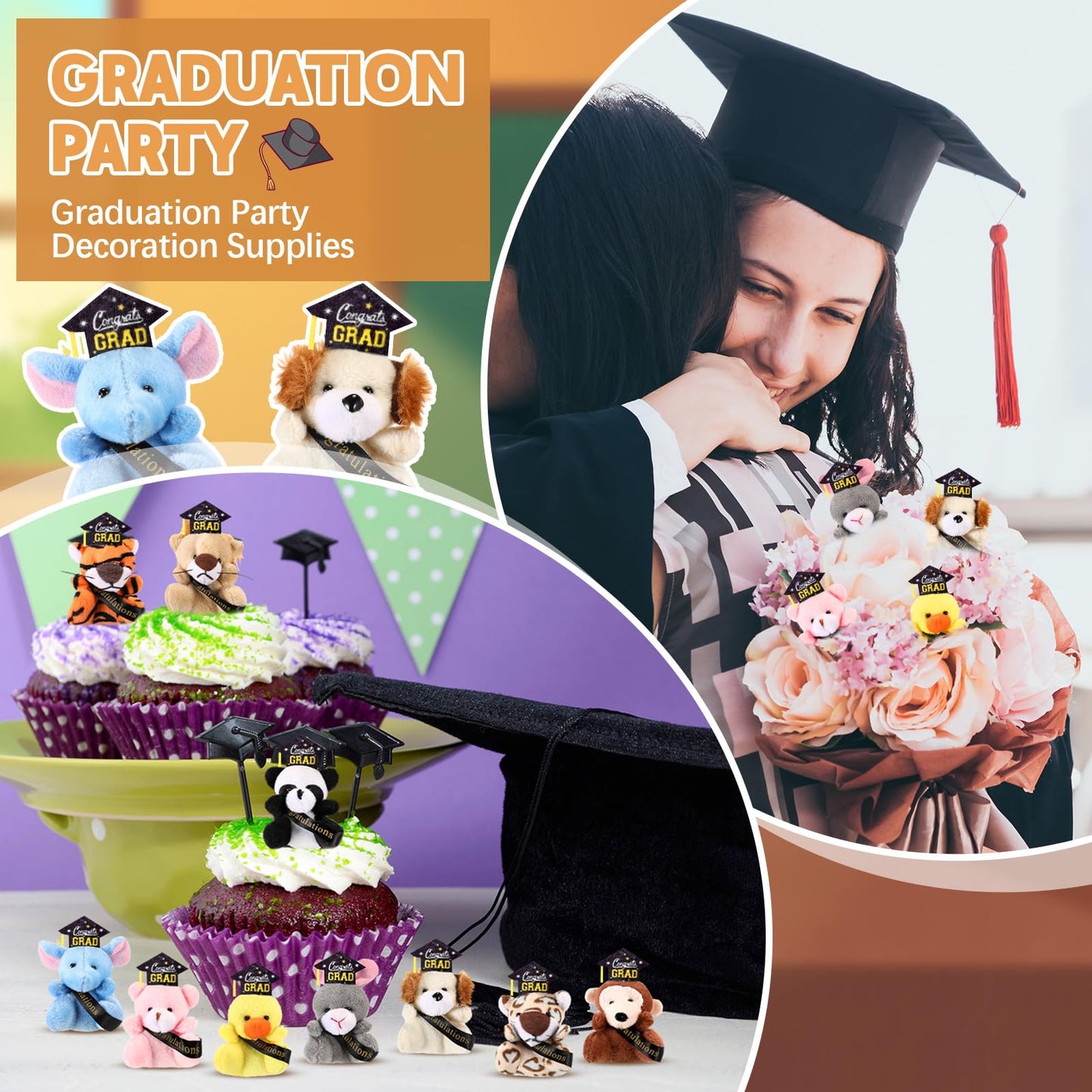 MiniInflat 12 Pcs Mini Graduation Stuffed Animal Bulk Tiny Congrats Grad Plush Small Animal Doll Keychain with Grad Hat for 2026 Graduation Party Favors Prek Kindergarten Classroom Exchange Gift