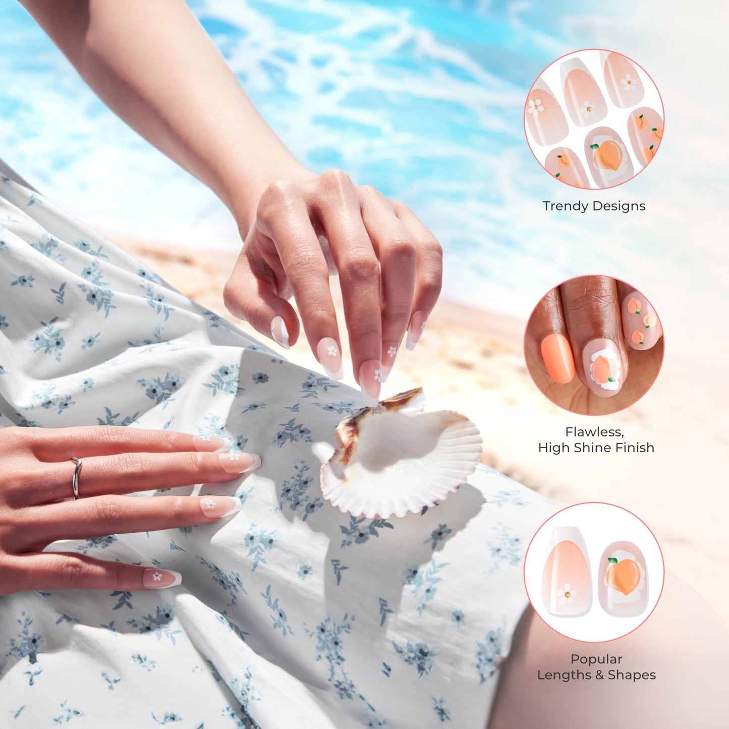 KISS | The Summer I Turned Pretty French Tip Press On Nails, ‘Sunlit Days’, Medium Coffin, Includes Pink Gel Nail Glue (2g), Mini Nail File, Cuticle Stick, & 28 Fake Nails