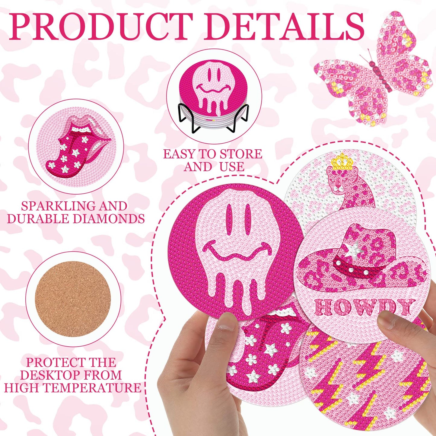 Shellwei 8 Pcs Pink Preppy Diamond Painting Art Coasters with Holder Y2k Smile Face Butterfly Diamond Art Coaster Kit DIY Craft Gift for Adults Beginners
