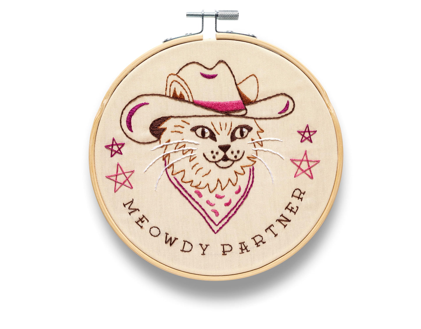 FUNATIC Meowdy Partner Embroidery Kit | Funny Beginner Needle Work Starter Set for Adults | Needlepoint DIY Arts and Crafts | Cross Stitch Set with Bamboo Hoop Floss Needles Threader Printed Fabric