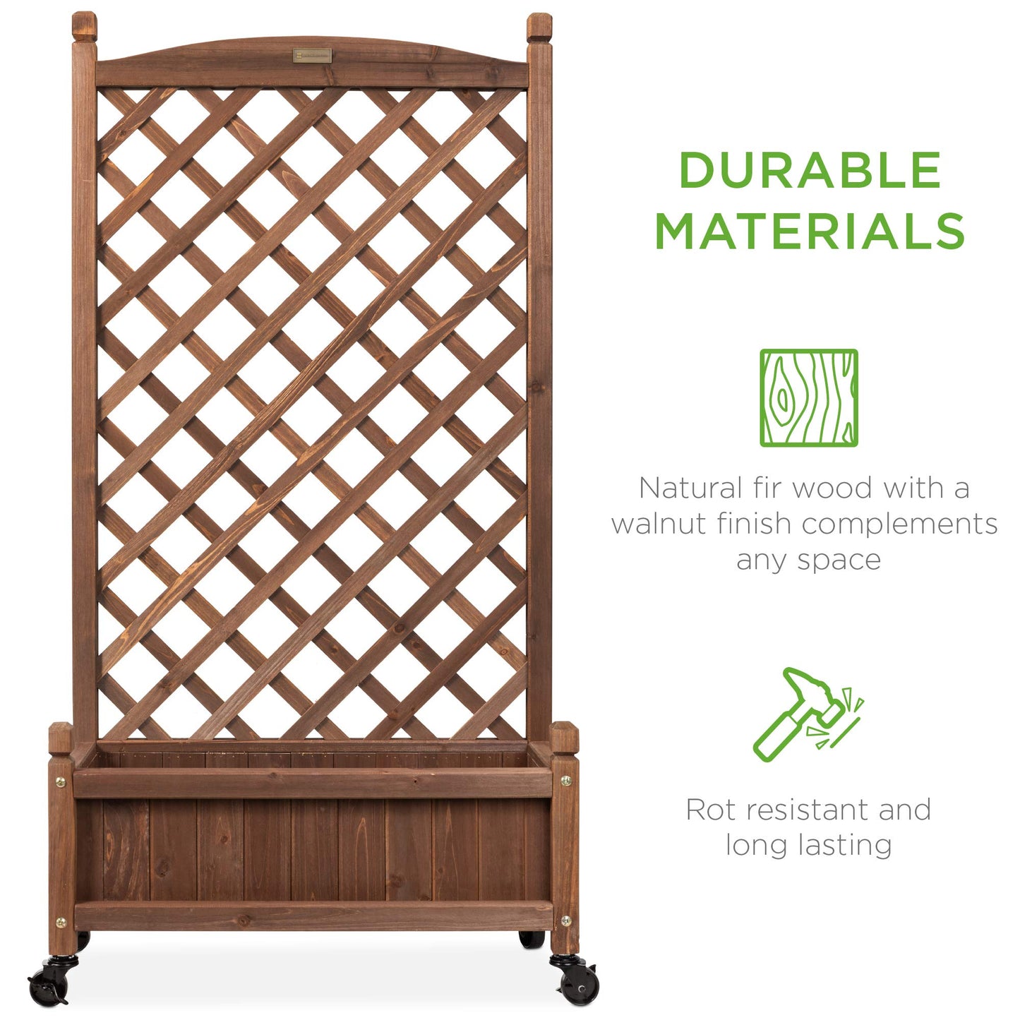 Best Choice Products 48in Wood Planter Box & Diamond Lattice Trellis, Mobile Outdoor Raised Garden Bed for Climbing Plants w/Drainage Holes, Optional Wheels - Walnut