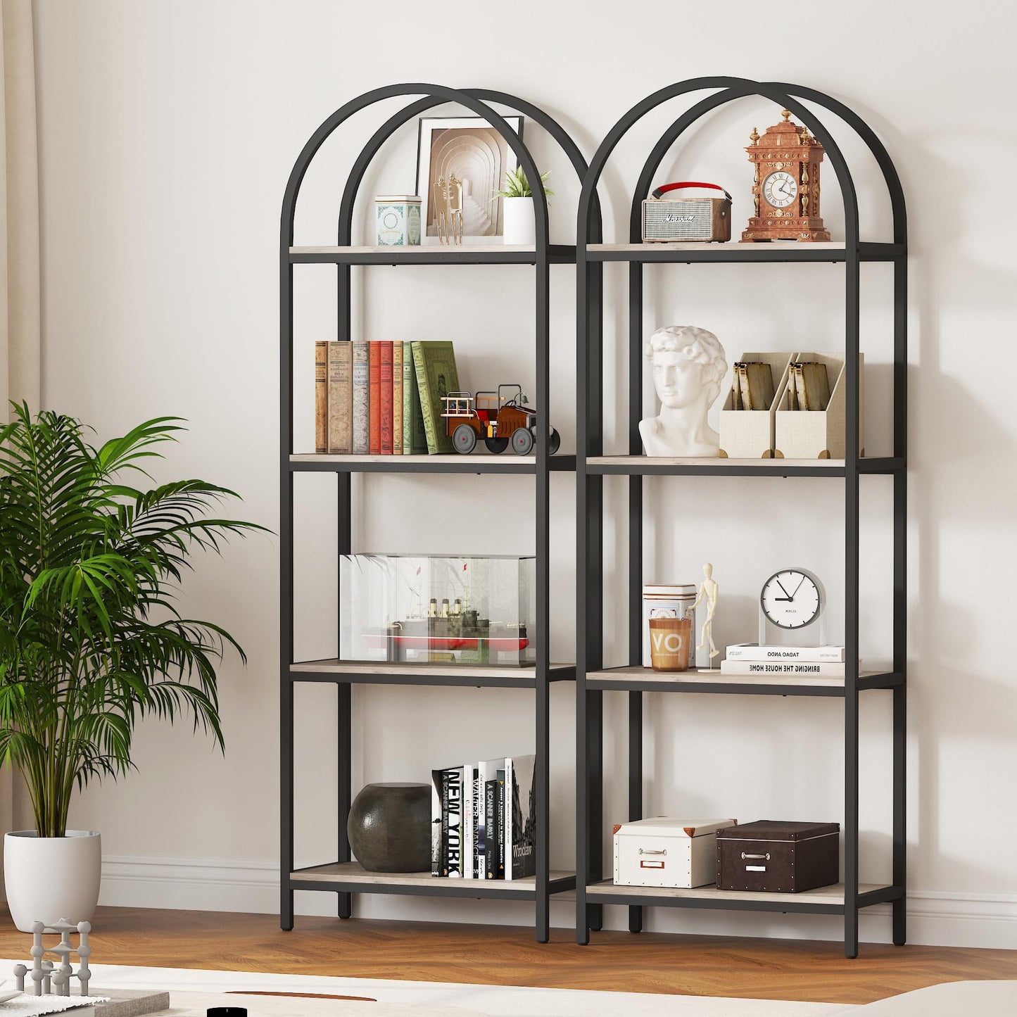 Yusong Bookshelf 4 Tier Arched Bookcase, 71.3" Tall Industrial Open Book Shelves for Living Room, Modern Freestanding Display Shelving Storage Rack Metal Frame, Office, Bedroom, Grey