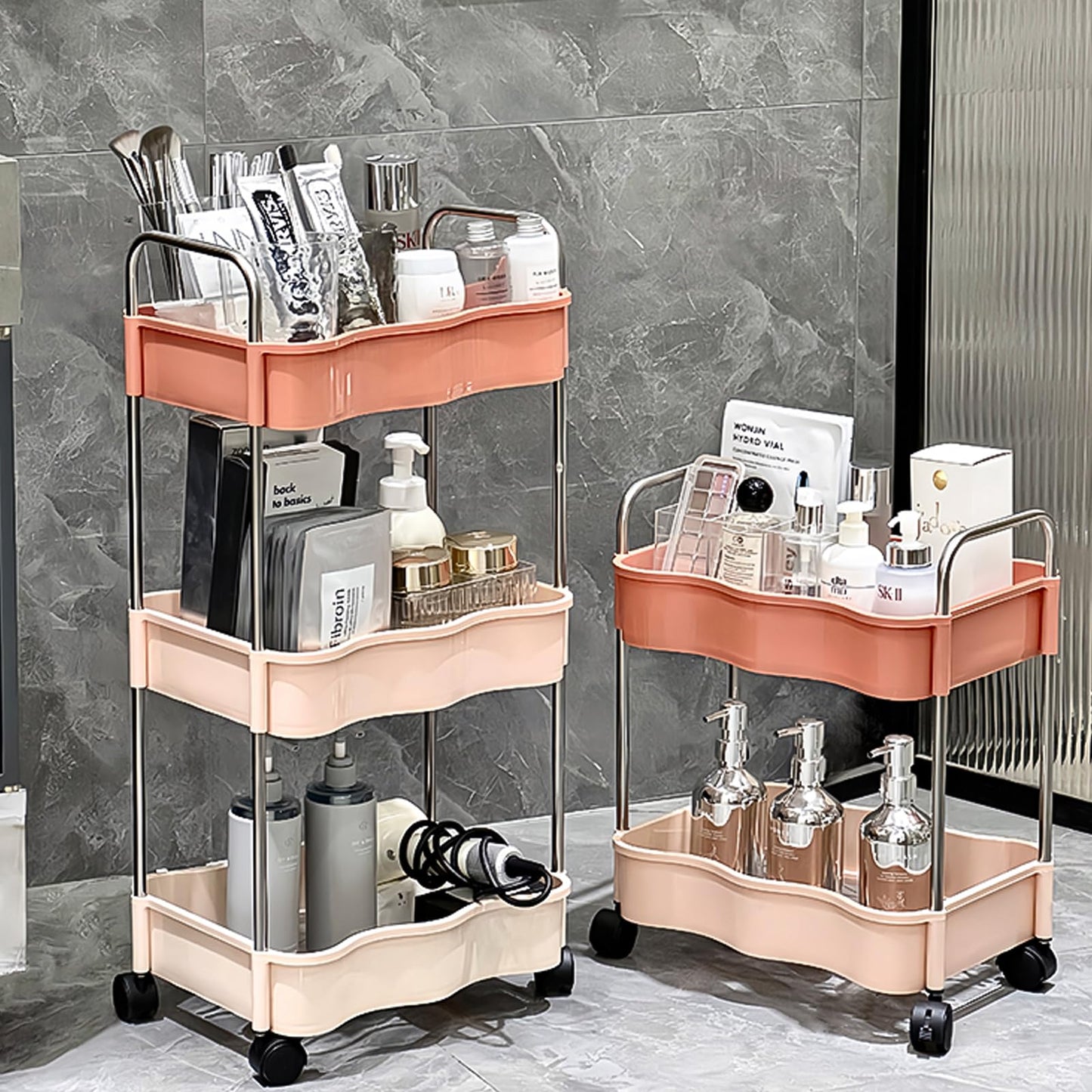 2 Tier Utility Rolling Cart with Wheels Under Desk Storage Cart Organizer with Handle for Home Kitchen Bathroom Office Organization Pink