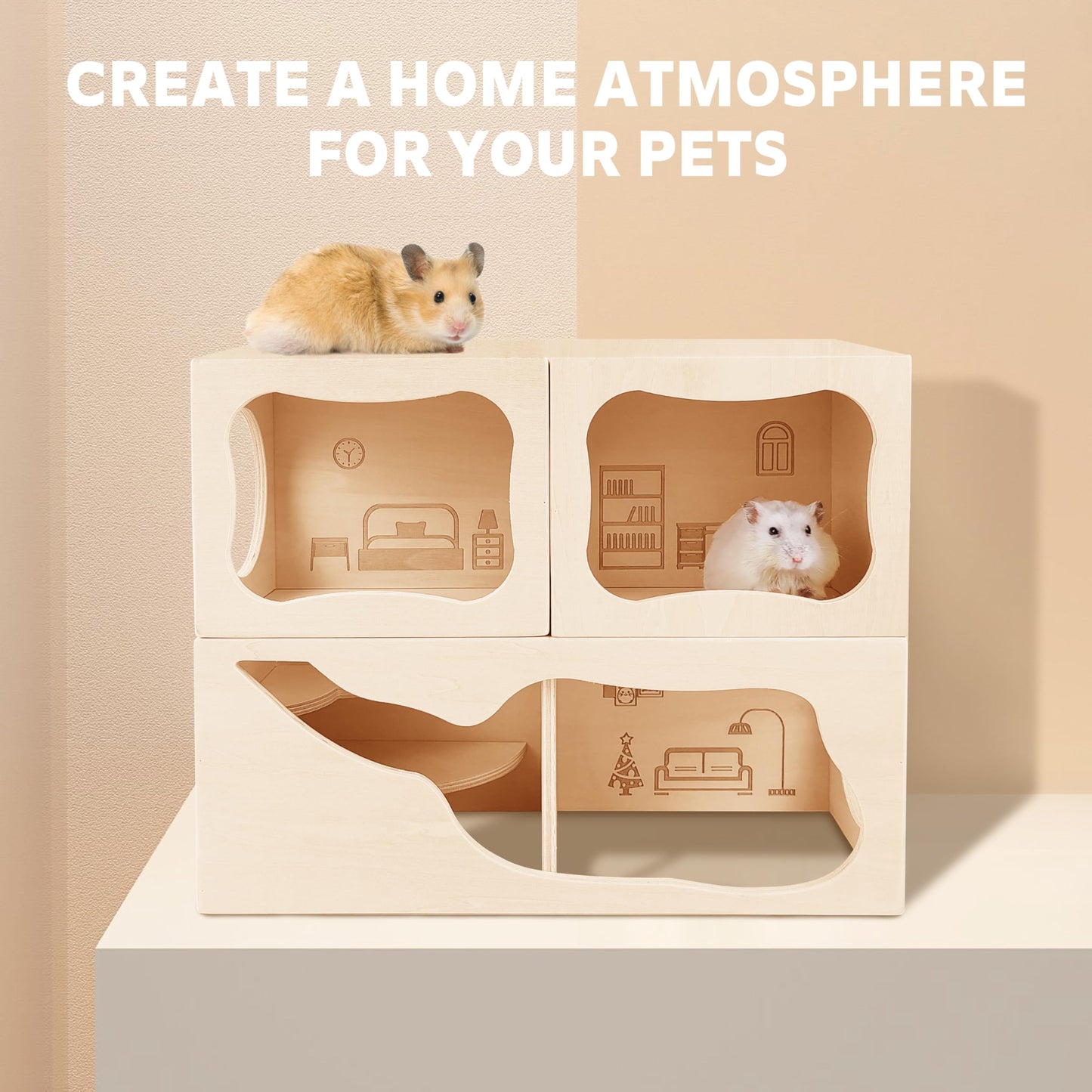Hamster Hideout Wooden House,Hamsters Multi Chamber Hideout,Small Animal Habitat for Clear Observation,Hamster Toys for Dwarf Hamstersm,Gerbils, Hedgehogs, Rats, Mice(Study Room)